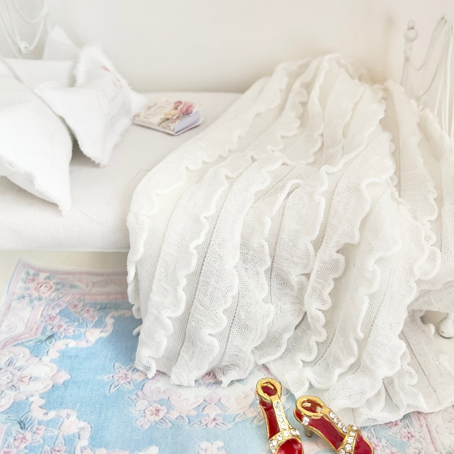 CHANTALLENA White Ruffled Knit Throw | Romantic Poly Knit Petite Ruffled Cascading Throw|At Home with Lena Marie