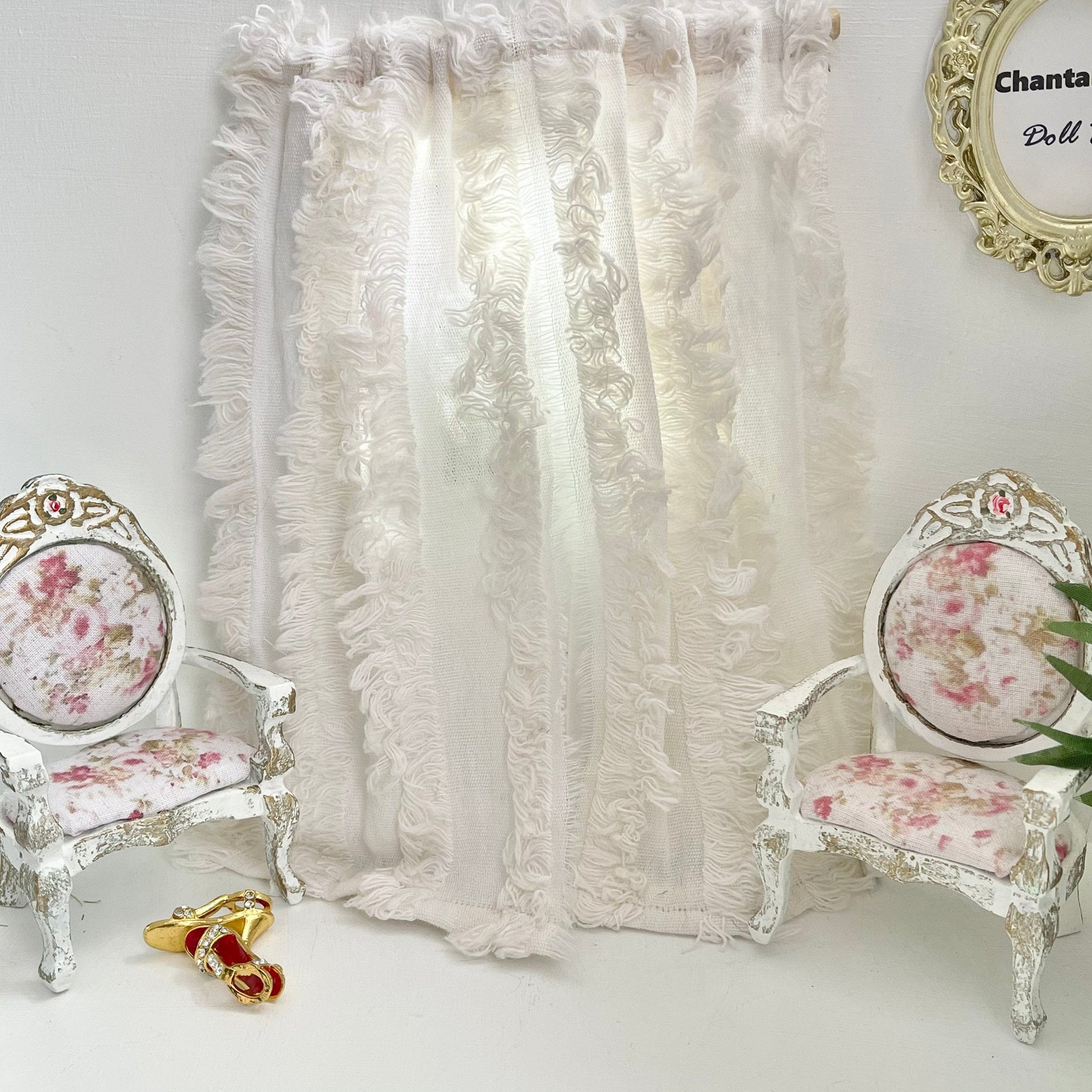Chantallena Doll House 2 Curtains with rods CURTAINS - Tea-Dyed Fringed Textured 2 Panel Cotton Curtains | Tea-Dyed Fringe | Soft Furnishings