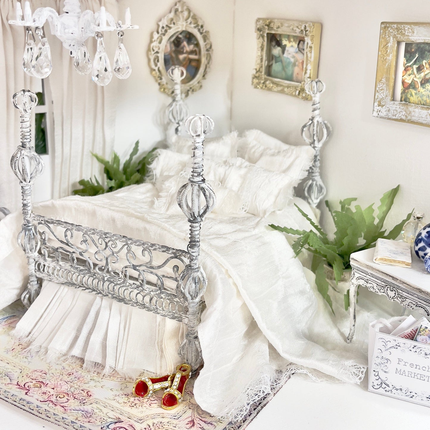 Chantallena Doll House Bedding Dressed Bed | White Dupioni Silk with Lace Accents |Vanna Silk