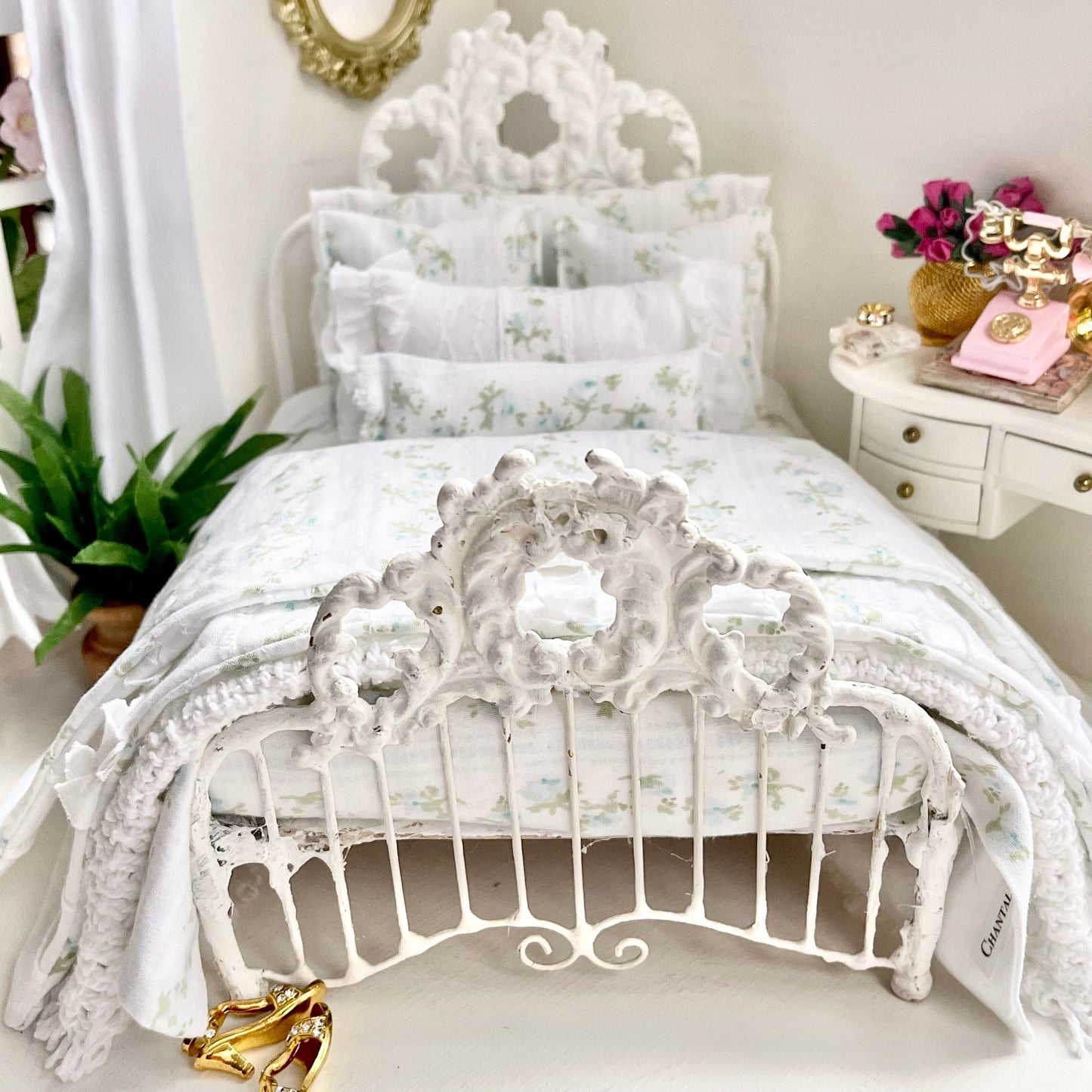 Chantallena Doll House Copy of Copy of Shabby Cottage | Eight Piece Shabby White Cotton Bed Set with Blue Roses Trellis | Blue Rose Trellis