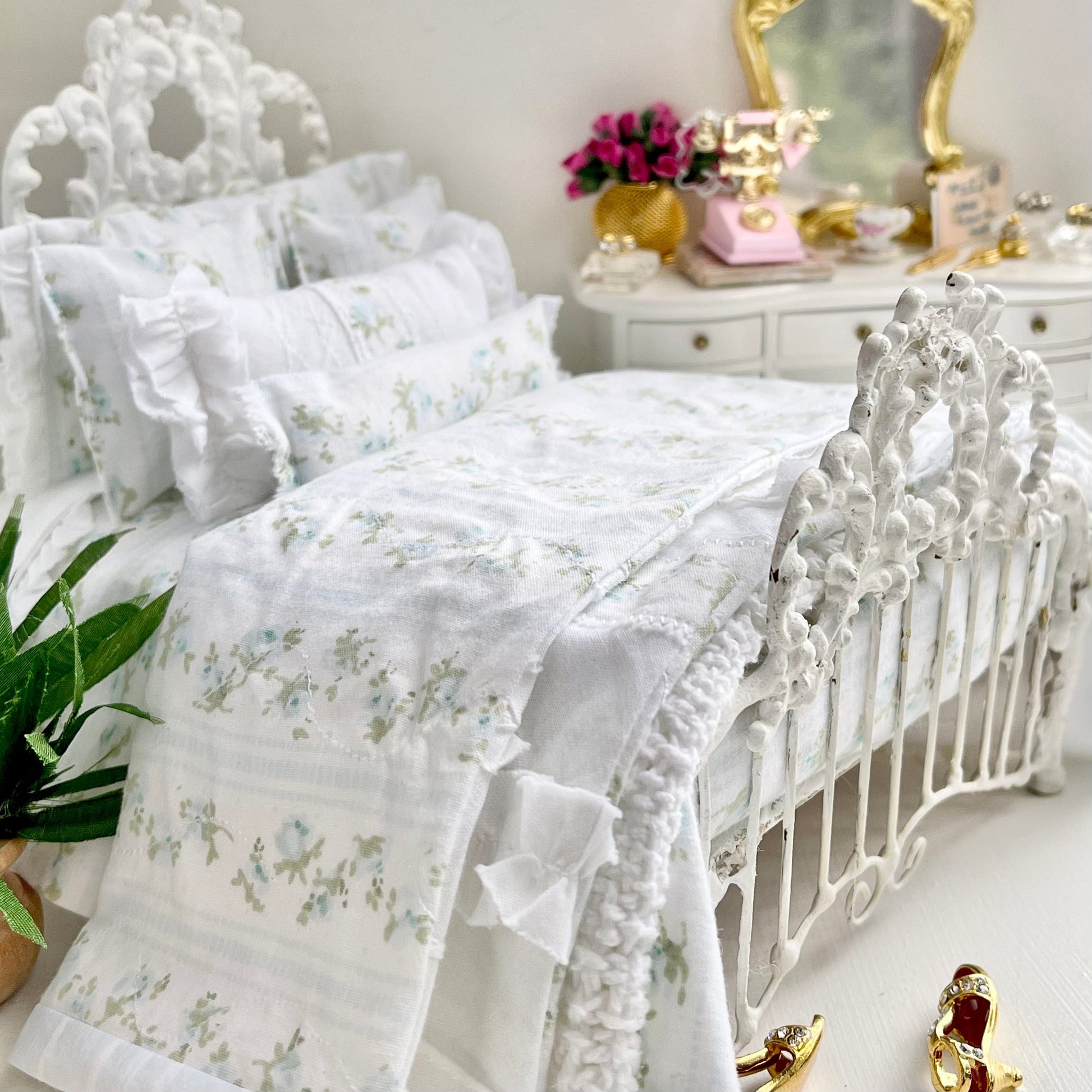 Chantallena Doll House Copy of Copy of Shabby Cottage | Eight Piece Shabby White Cotton Bed Set with Blue Roses Trellis | Blue Rose Trellis