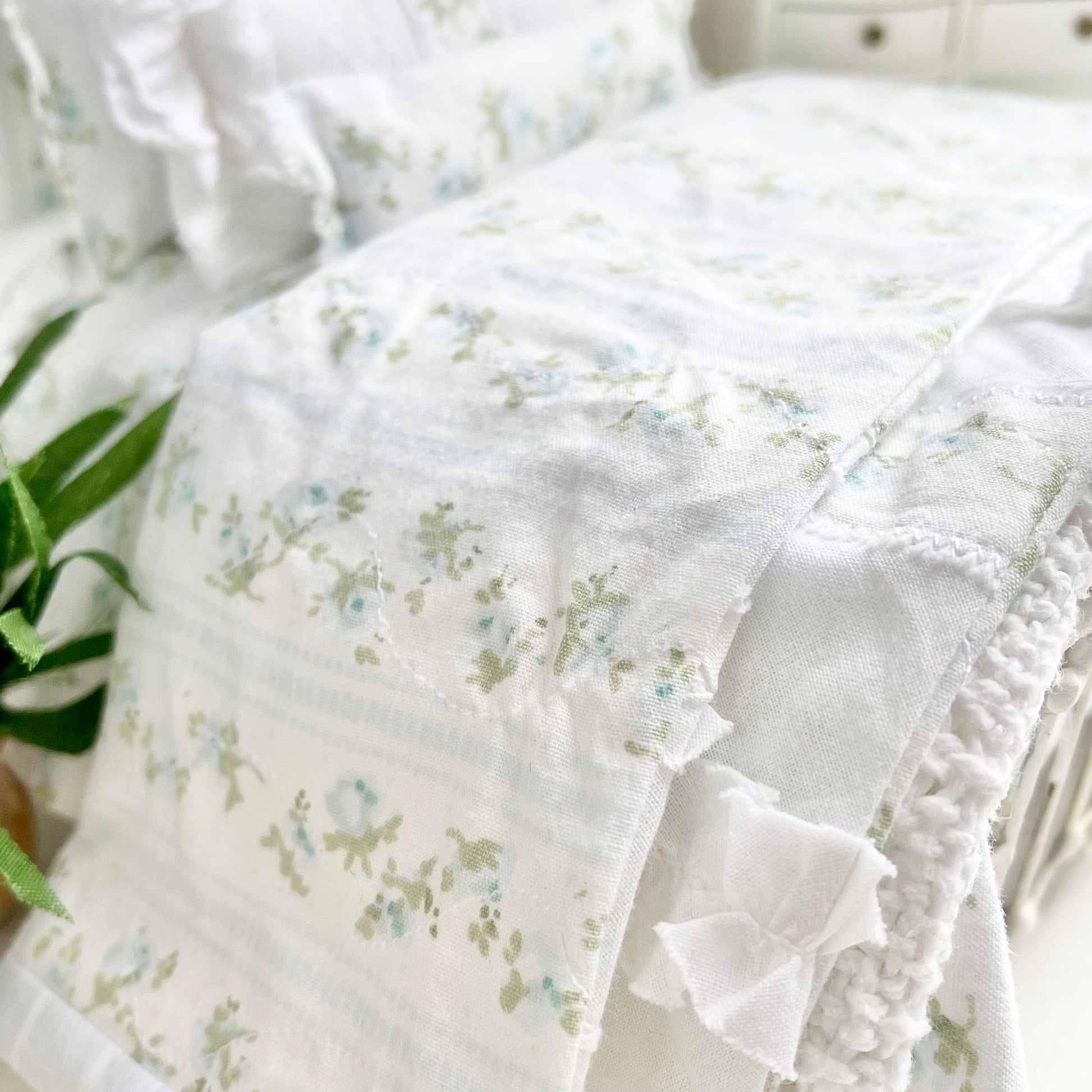 Chantallena Doll House Copy of Copy of Shabby Cottage | Eight Piece Shabby White Cotton Bed Set with Blue Roses Trellis | Blue Rose Trellis