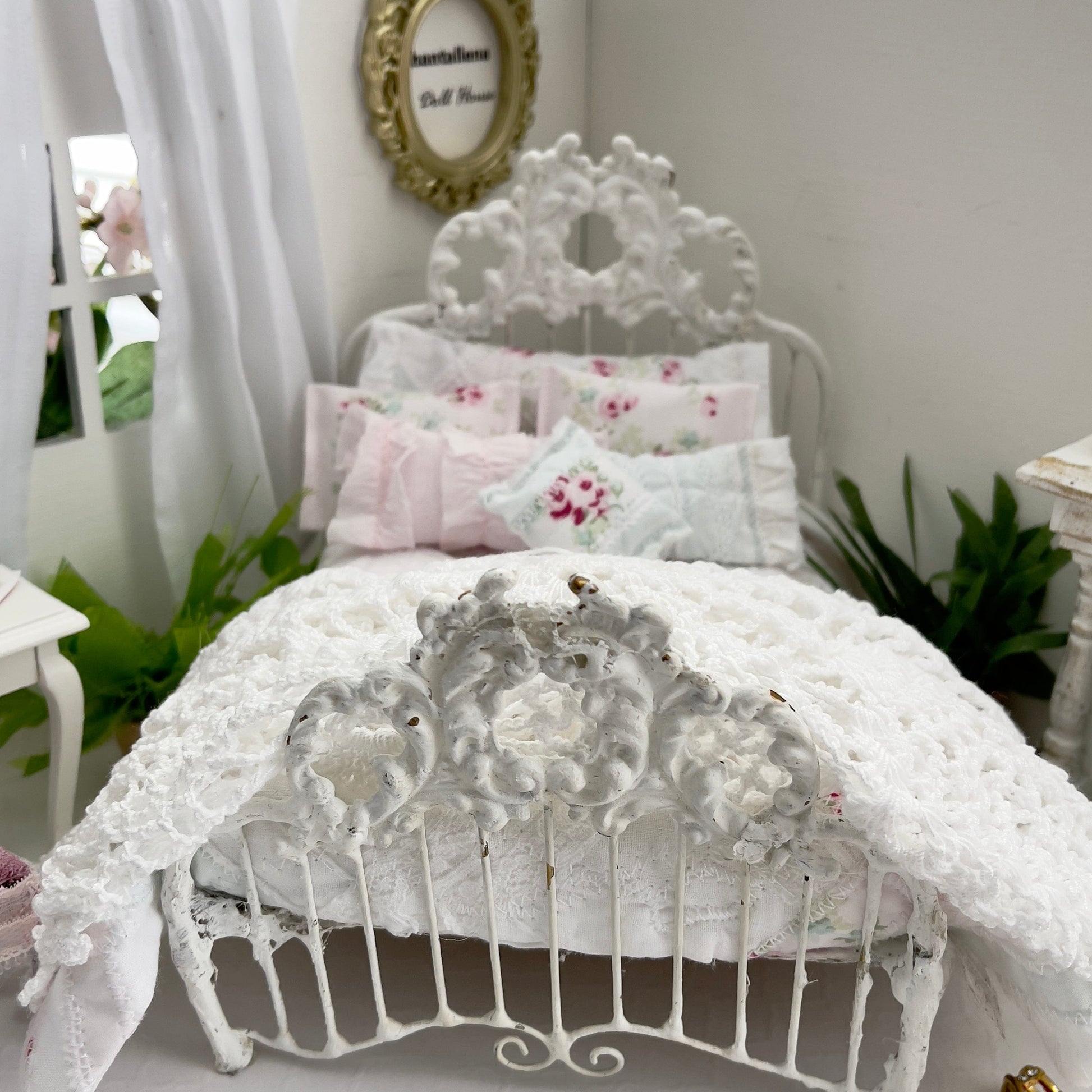 Chantallena Doll House Copy of Shabby Cottage | Eight Piece Blue and Pink Floral Bedding Set | Brooke