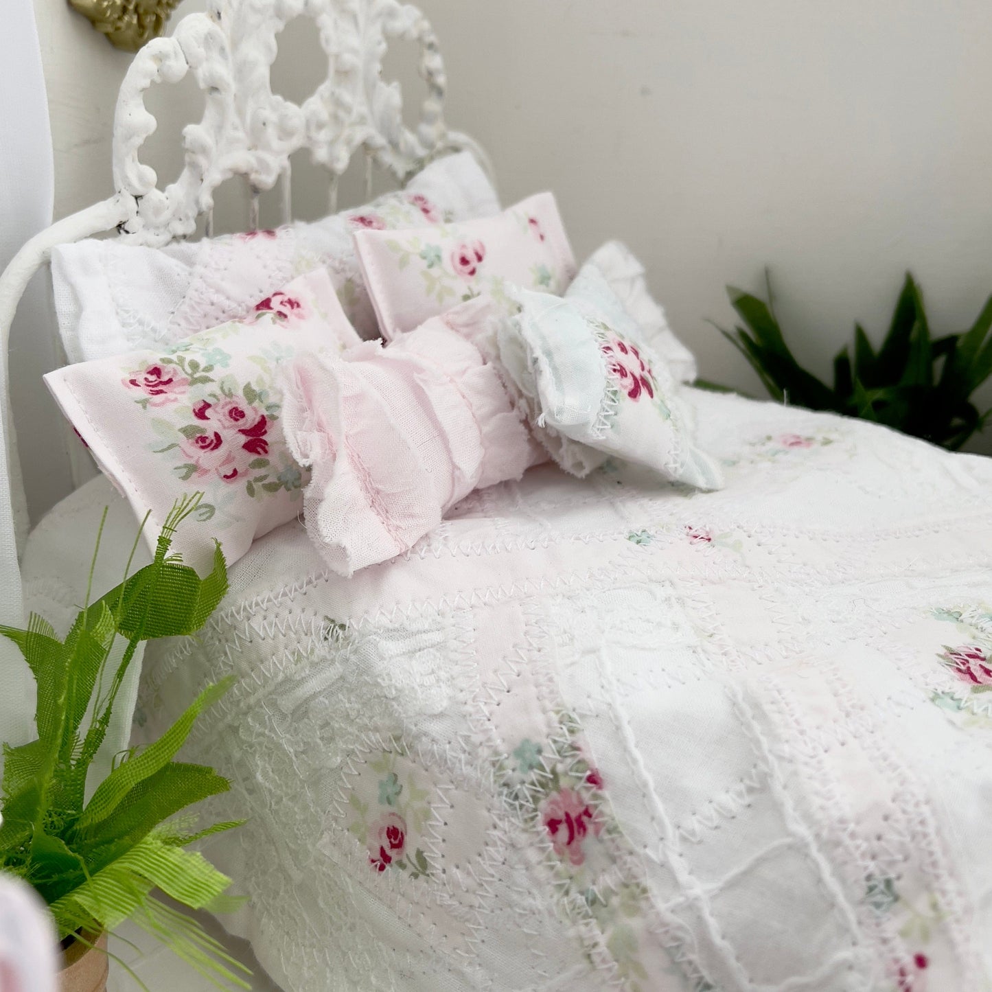 Chantallena Doll House Shabby Cottage | Eight Piece Blue and Pink Floral Bedding Set | Brooke
