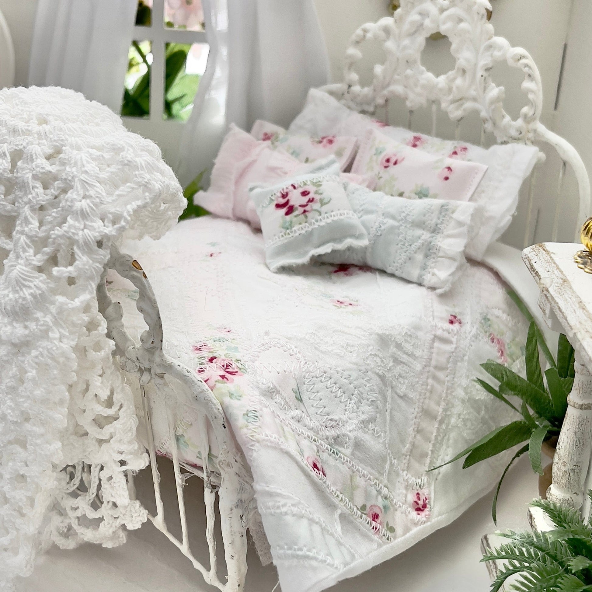 Chantallena Doll House Copy of Shabby Cottage | Eight Piece Blue and Pink Floral Bedding Set | Brooke