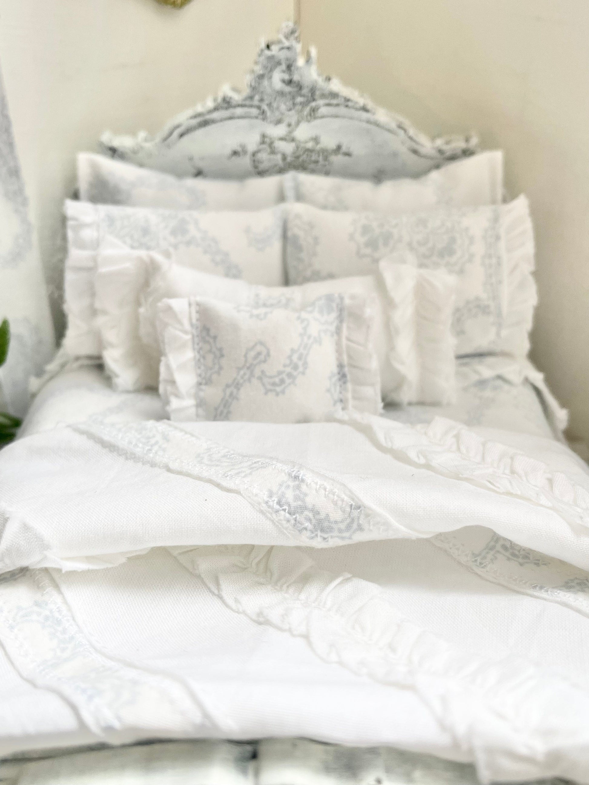 Chantallena Doll House Copy of Shabby Cottage | Eight Piece Shabby White Cotton Bed Set with Blue Roses Trellis | Blue Rose Trellis