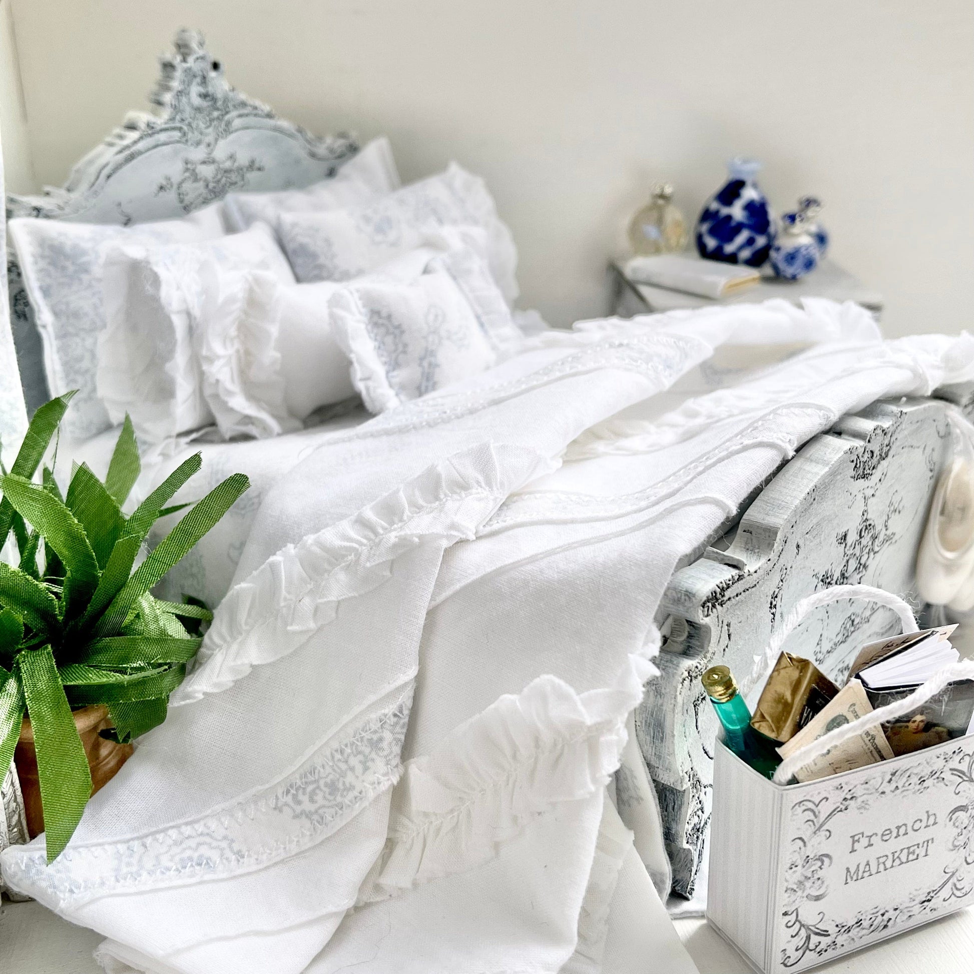 Chantallena Doll House Copy of Shabby Cottage | Eight Piece Shabby White Cotton Bed Set with Blue Roses Trellis | Blue Rose Trellis