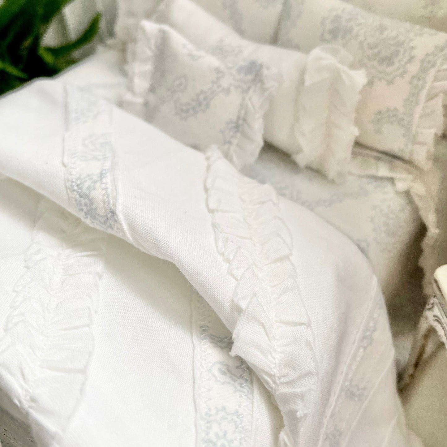 Chantallena Doll House Copy of Shabby Cottage | Eight Piece Shabby White Cotton Bed Set with Blue Roses Trellis | Blue Rose Trellis