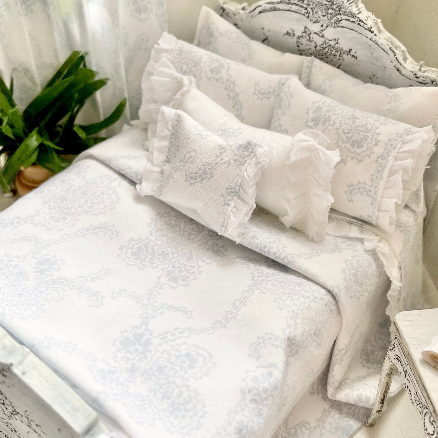 Chantallena Doll House Copy of Shabby Cottage | Eight Piece Shabby White Cotton Bed Set with Blue Roses Trellis | Blue Rose Trellis