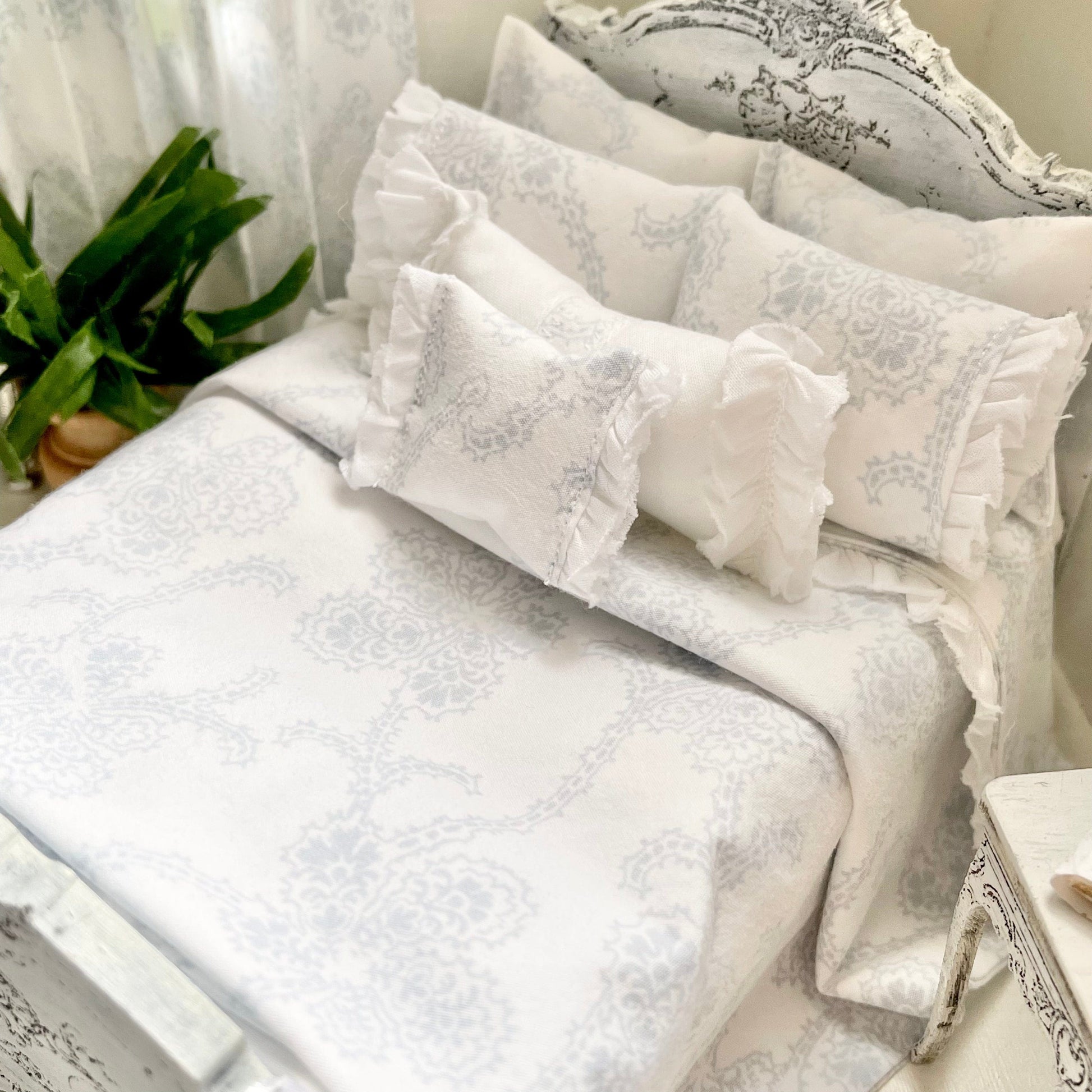 Chantallena Doll House Copy of Shabby Cottage | Eight Piece Shabby White Cotton Bed Set with Blue Roses Trellis | Blue Rose Trellis