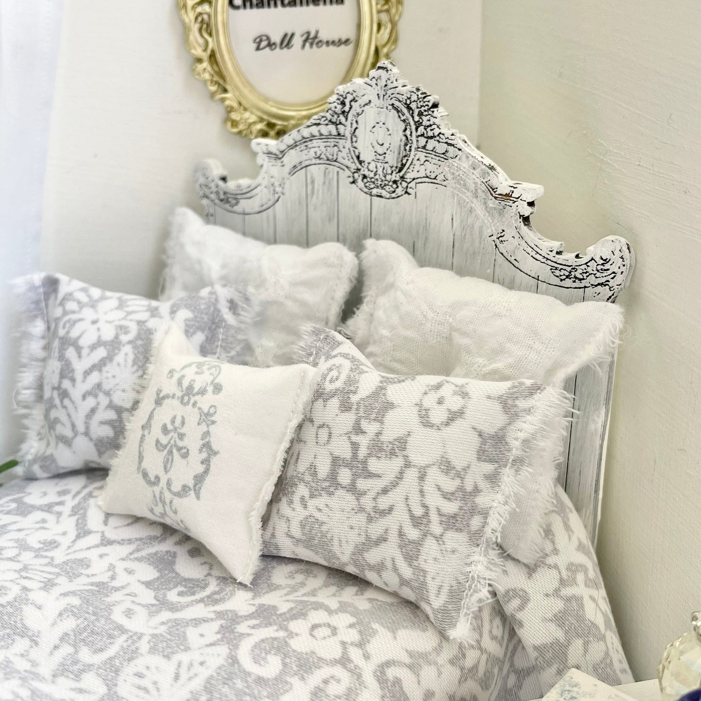 Chantallena Doll House Country Weekend | Grey Cotton Bedding Set with White Lace Trim| Blue Country Meadow