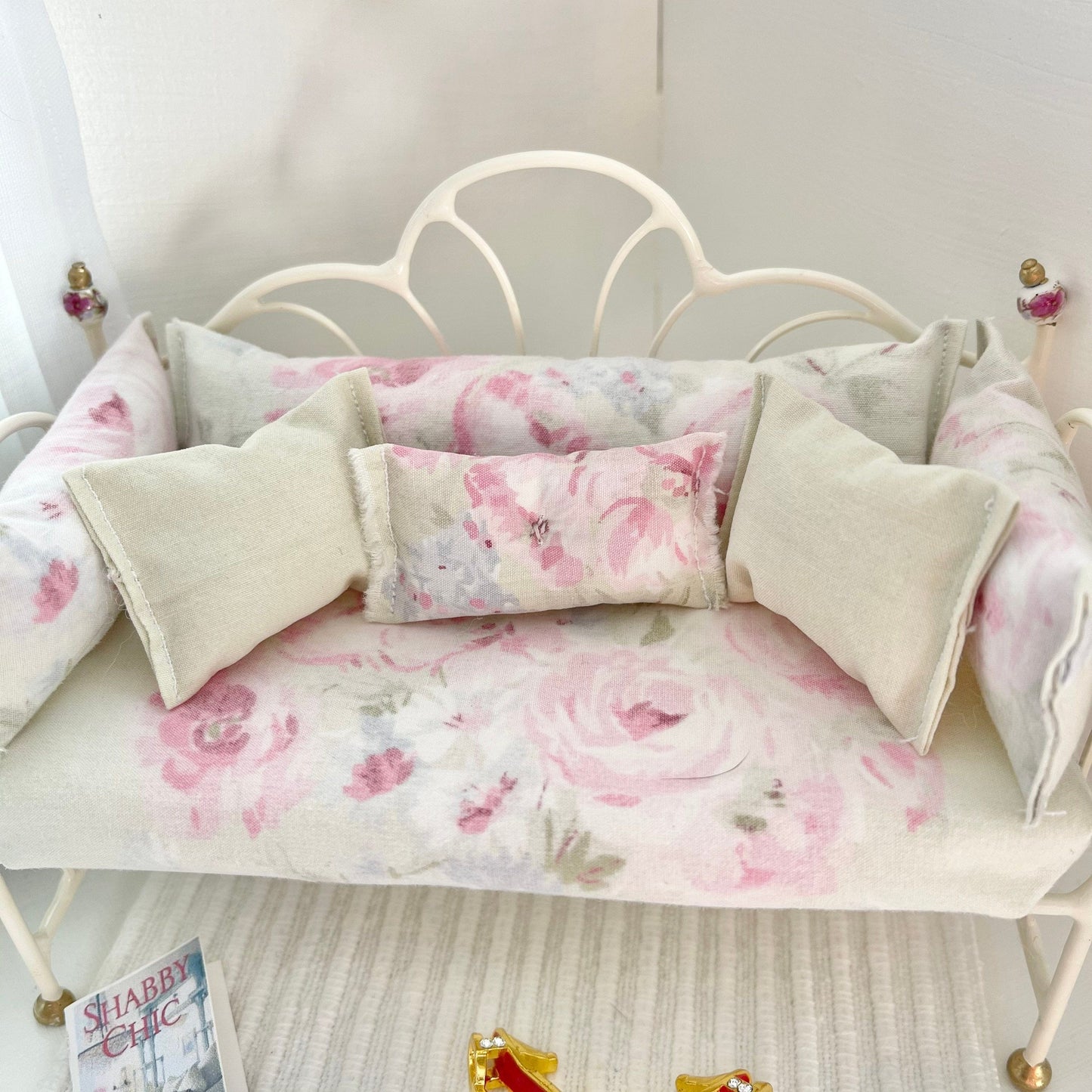 Chantallena Doll House Day Bed- Seven Piece Shabby Cotton Faded Green and Pink Roses Set with Mattress | Faded Shabby Green