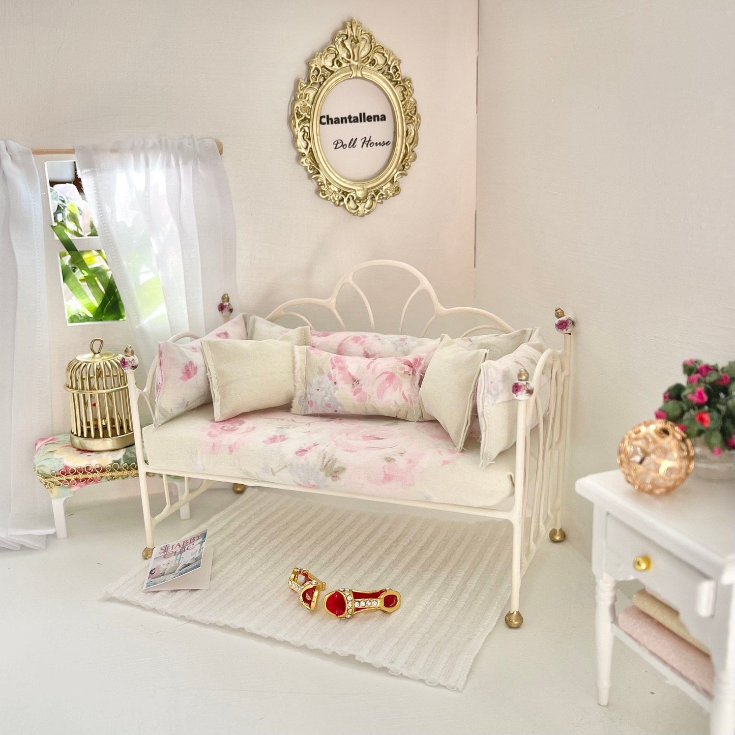 Chantallena Doll House Day Bed- Seven Piece Shabby Cotton Faded Green and Pink Roses Set with Mattress | Faded Shabby Green