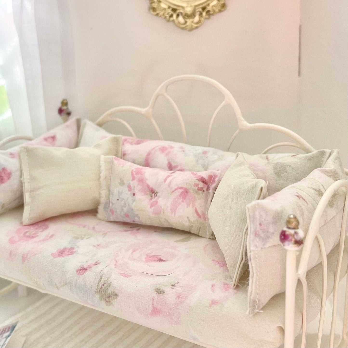 Chantallena Doll House Day Bed- Seven Piece Shabby Cotton Faded Green and Pink Roses Set with Mattress | Faded Shabby Green