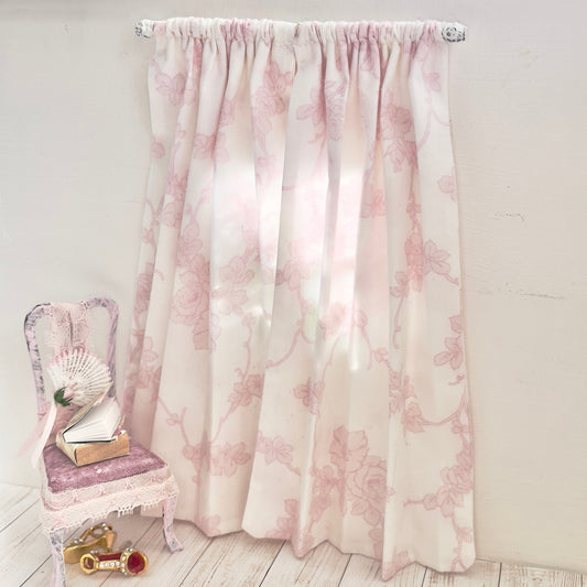 Chantallena Doll House Dollhouse Accessories CURTAINS- Faded Pink and White Floral Vines 2 Panel Cotton Curtains | Faded Floral Vine | Soft Furnishings