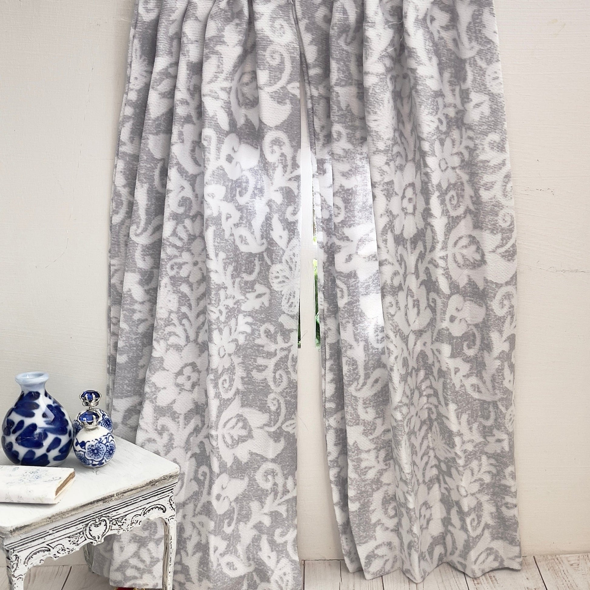 Chantallena Doll House Dollhouse Accessories CURTAINS - Grey and White Printed 2 Panel Cotton Curtains | Grey Print | Soft Furnishings