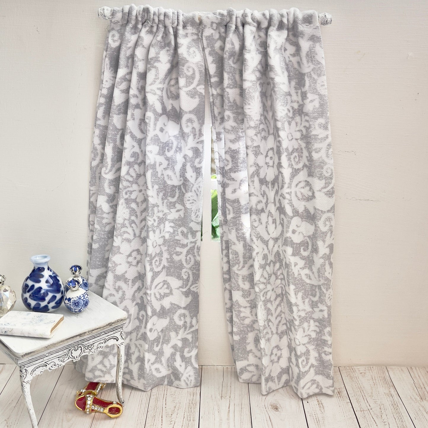 Chantallena Doll House Dollhouse Accessories CURTAINS - Grey and White Printed 2 Panel Cotton Curtains | Grey Print | Soft Furnishings