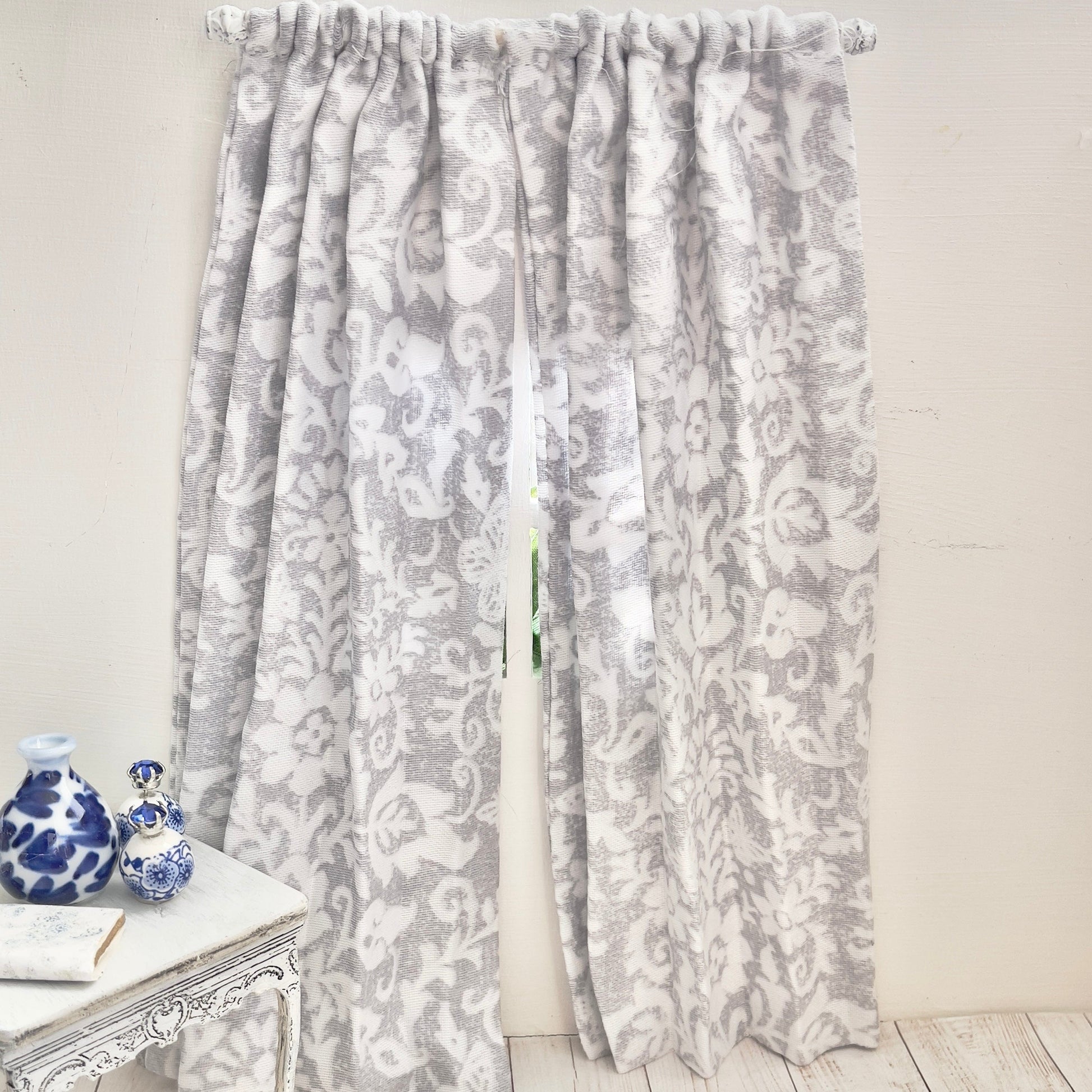 Chantallena Doll House Dollhouse Accessories CURTAINS - Grey and White Printed 2 Panel Cotton Curtains | Grey Print | Soft Furnishings