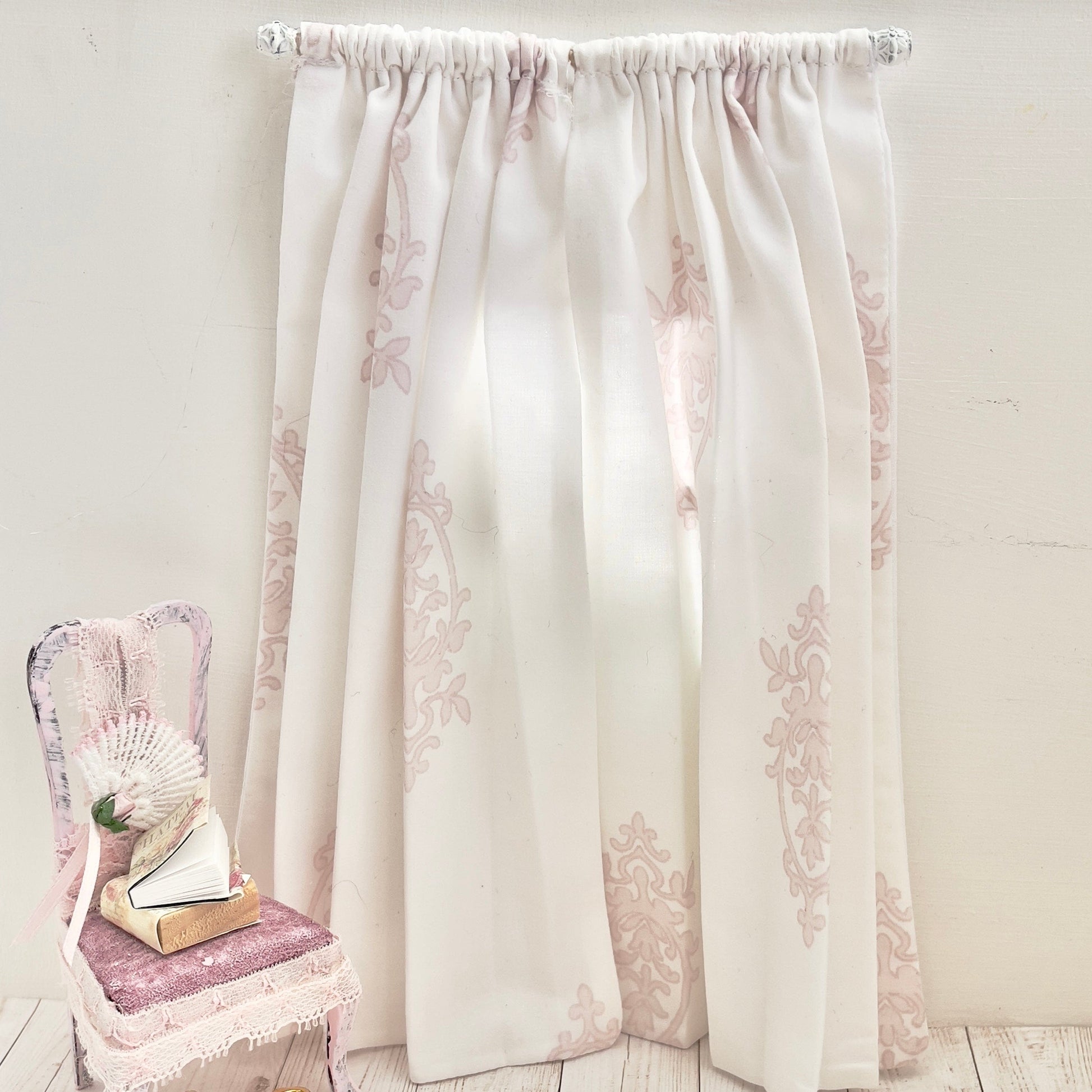 Chantallena Doll House Dollhouse Accessories CURTAINS - Light Pink and White Crest 2 Panel Cotton Curtains | Pink Crest |Soft Furnishings