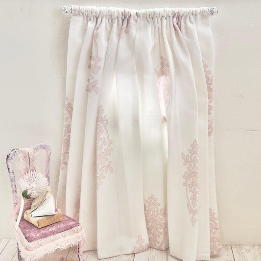 Chantallena Doll House Dollhouse Accessories CURTAINS - Light Pink and White Crest 2 Panel Cotton Curtains | Pink Crest |Soft Furnishings