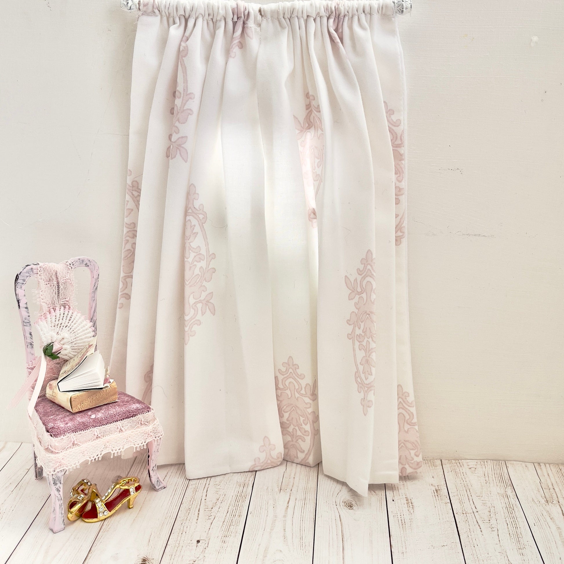 Chantallena Doll House Dollhouse Accessories CURTAINS - Light Pink and White Crest 2 Panel Cotton Curtains | Pink Crest |Soft Furnishings