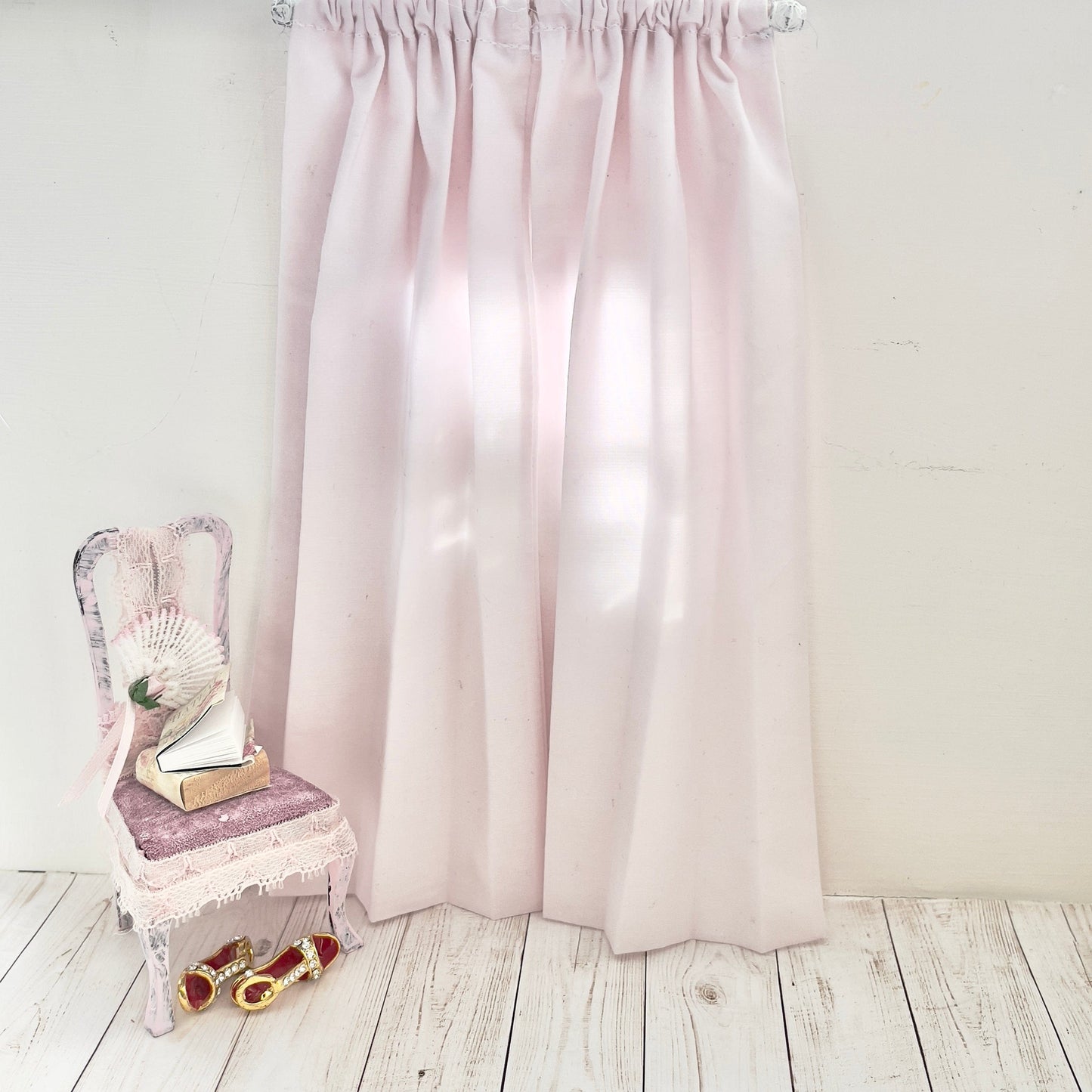 Chantallena Doll House Dollhouse Accessories CURTAINS - Light Shabby Pink 2 Panel Cotton Curtains |Light Shabby Pink | Soft Furnishings