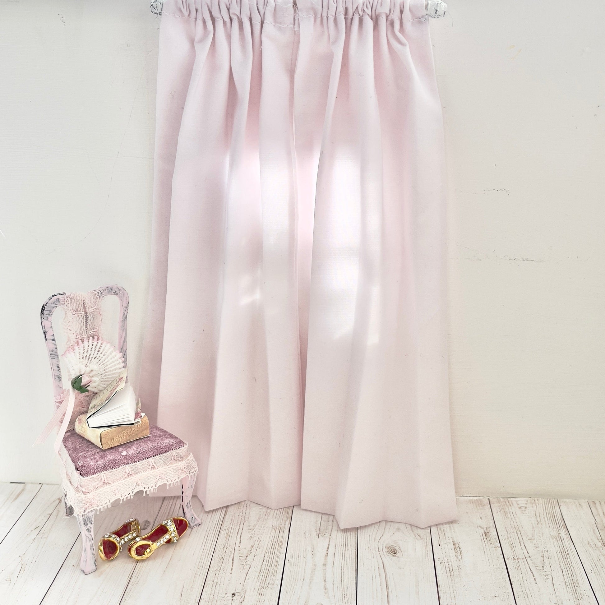 Chantallena Doll House Dollhouse Accessories CURTAINS - Light Shabby Pink  2 Panel Cotton Curtains |Light Shabby Pink | Soft Furnishings