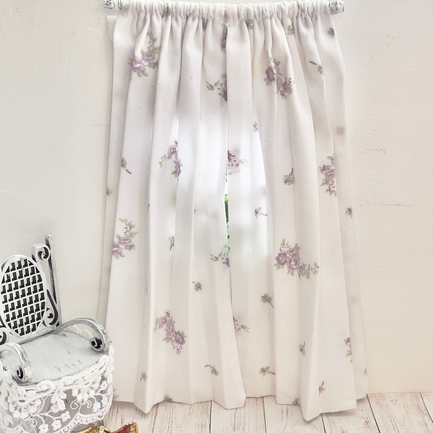 Chantallena Doll House Dollhouse Accessories CURTAINS- Shabby Lavender Floral 2 Panel Cotton Curtains | Shabby Lavender Floral | Soft Furnishings
