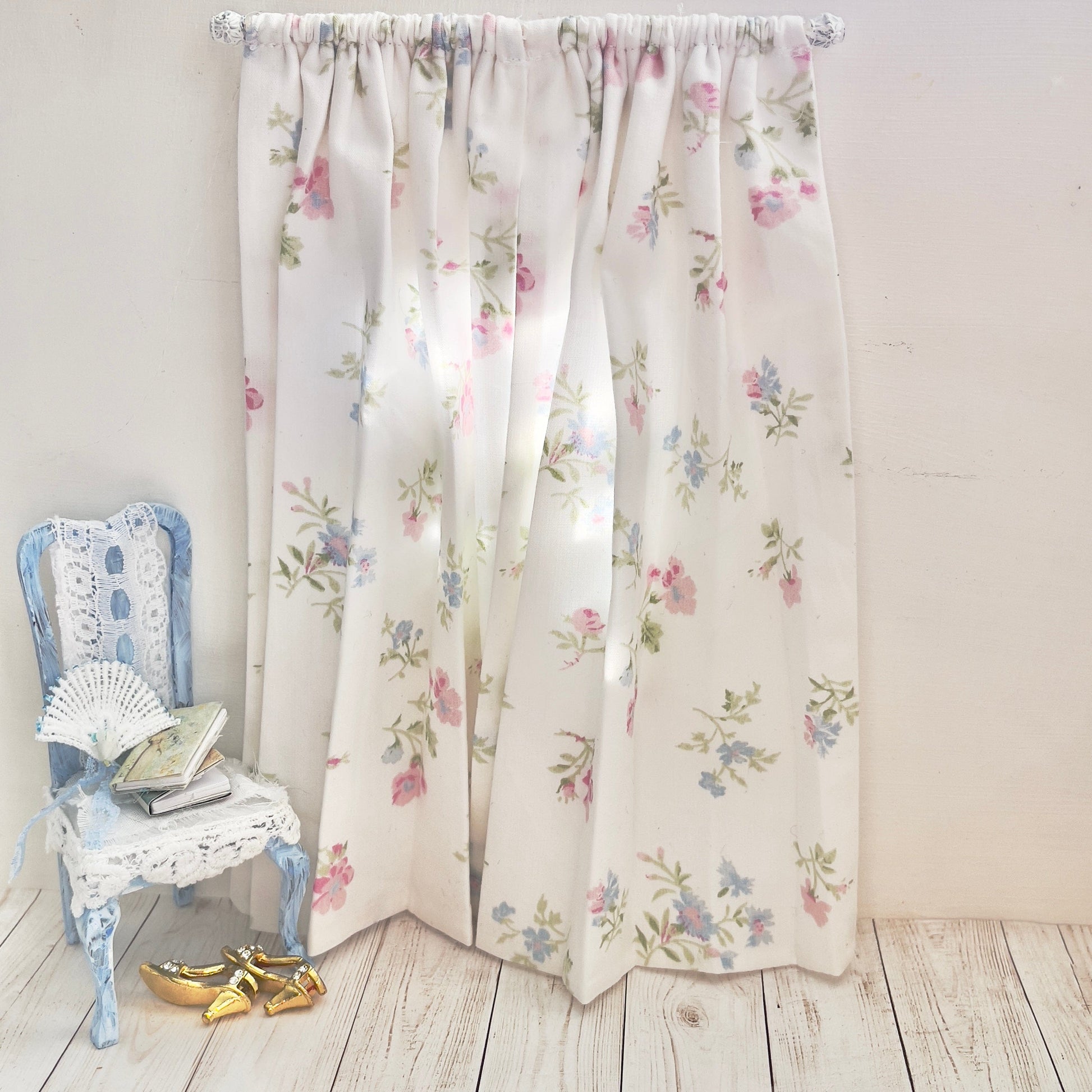 Chantallena Doll House Dollhouse Accessories CURTAINS - Shabby Pink Blue and Green Petite Wildflowers 2 Panel Cotton Curtains | Shabby Wildflowers | Soft Furnishings