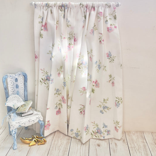 Chantallena Doll House Dollhouse Accessories CURTAINS - Shabby Pink Blue and Green Petite Wildflowers 2 Panel Cotton Curtains | Shabby Wildflowers | Soft Furnishings