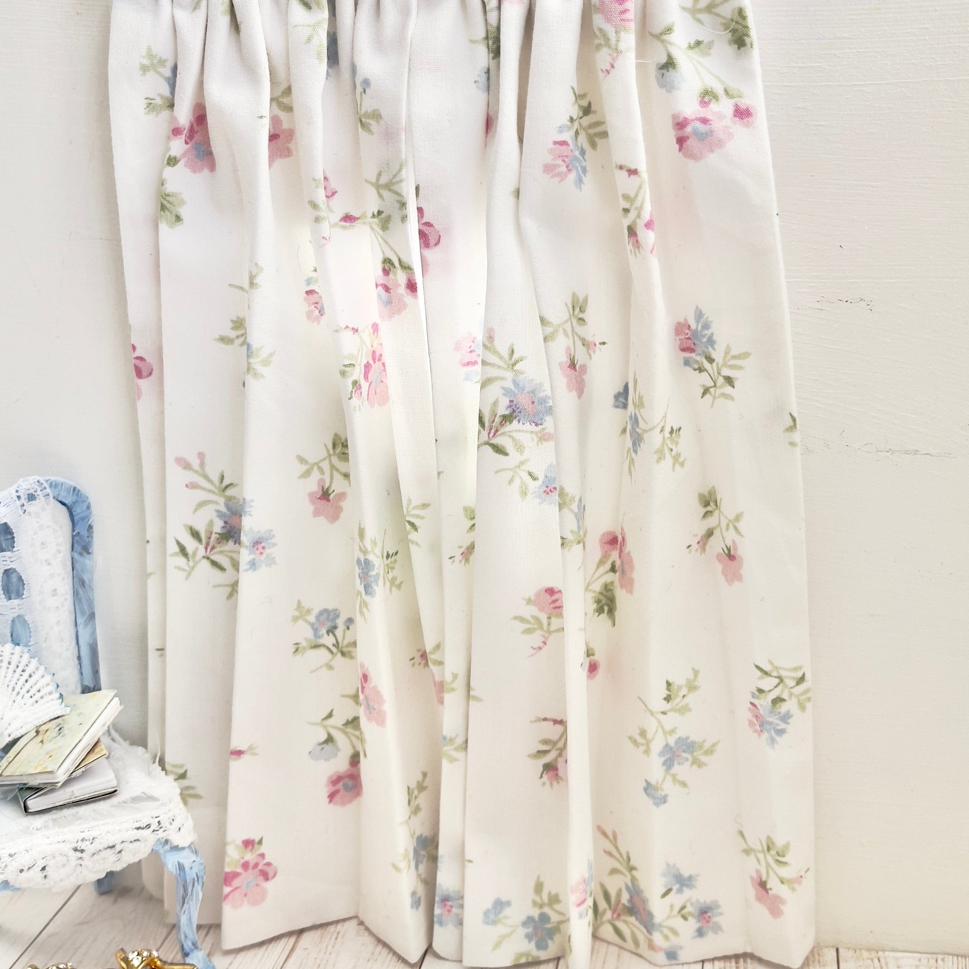 Chantallena Doll House Dollhouse Accessories CURTAINS - Shabby Pink Blue and Green Petite Wildflowers 2 Panel Cotton Curtains | Shabby Wildflowers | Soft Furnishings