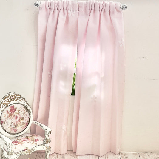 Chantallena Doll House Dollhouse Accessories CURTAINS - Shabby Pink with Scattered Embroidered Flower 2 Panel Cotton Curtains | Pink Embroidered Flowerl | Soft Furnishings