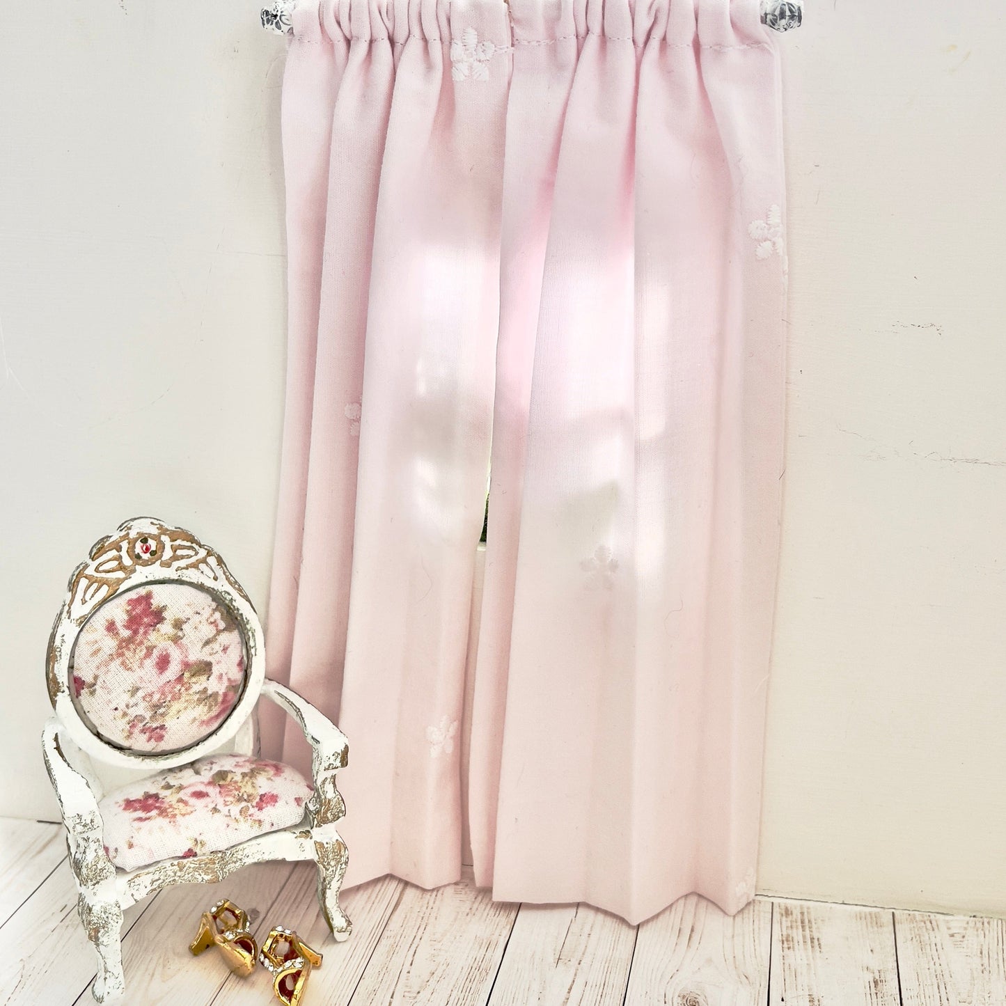 Chantallena Doll House Dollhouse Accessories CURTAINS - Shabby Pink with Scattered Embroidered Flower 2 Panel Cotton Curtains | Pink Embroidered Flowerl | Soft Furnishings