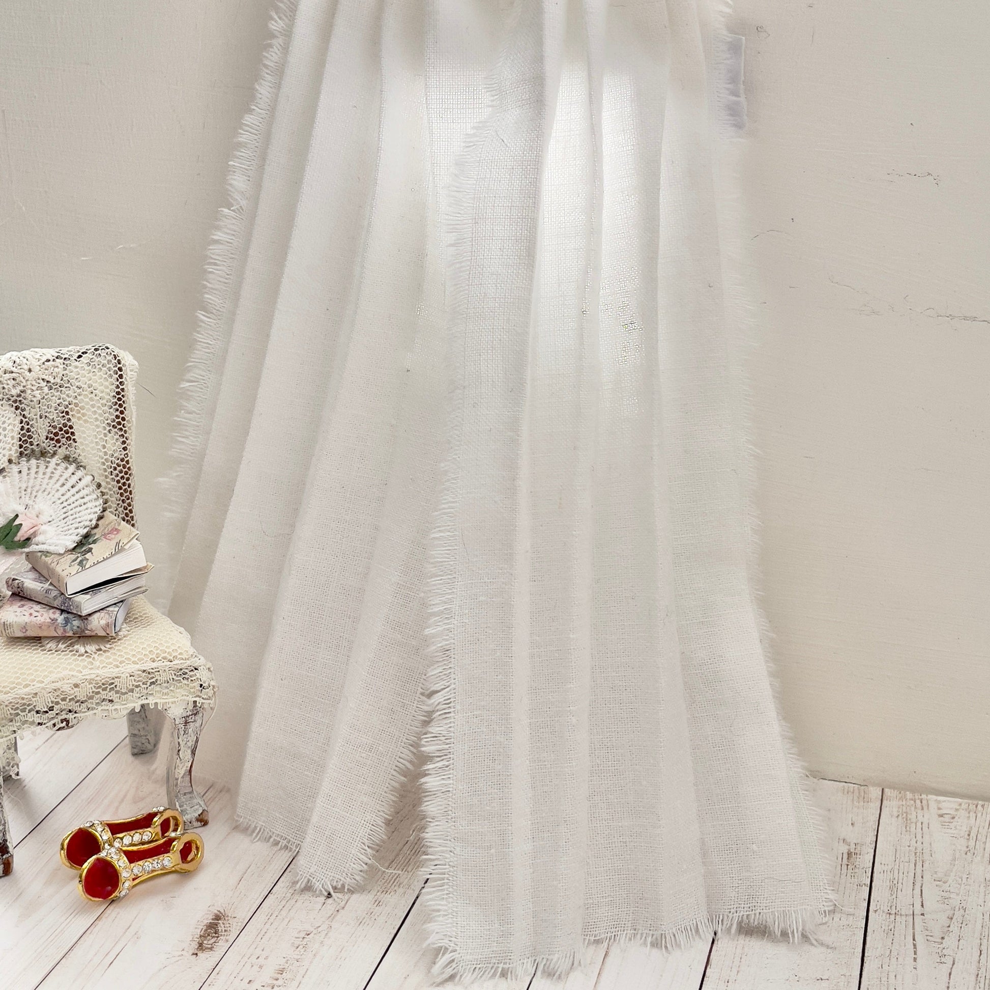 Chantallena Doll House Dollhouse Accessories CURTAINS- White 2 Panel Linen and Cotton Blend Curtains | White Linen/Cotton | Soft Furnishings