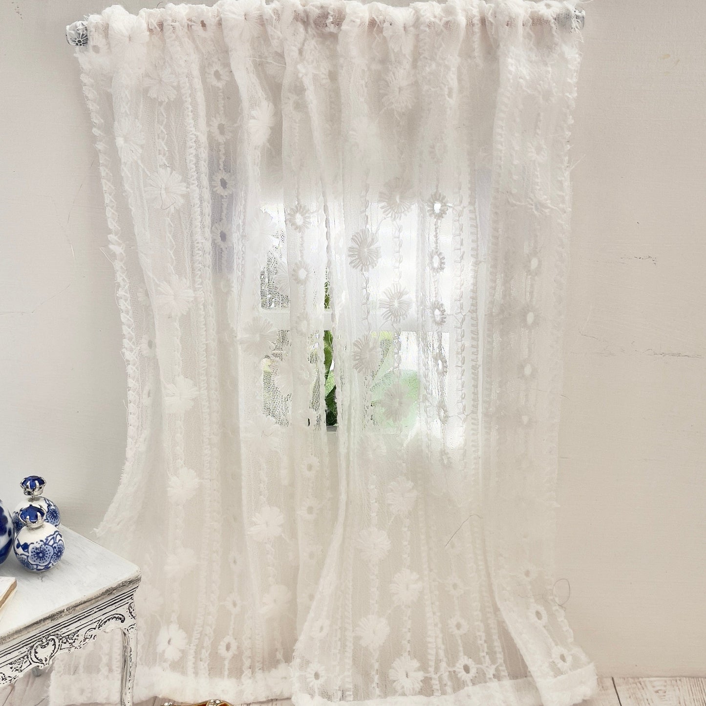 Chantallena Doll House Dollhouse Accessories CURTAINS- White Lace Embroidered 2 Panel Cotton Curtains | White Embroidered Lace | Soft Furnishings