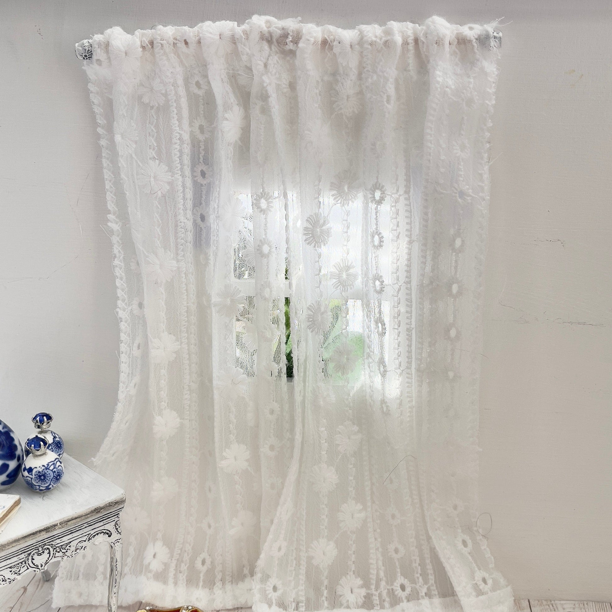 Chantallena Doll House Dollhouse Accessories CURTAINS- White Lace Embroidered 2 Panel Cotton Curtains | White Embroidered Lace | Soft Furnishings
