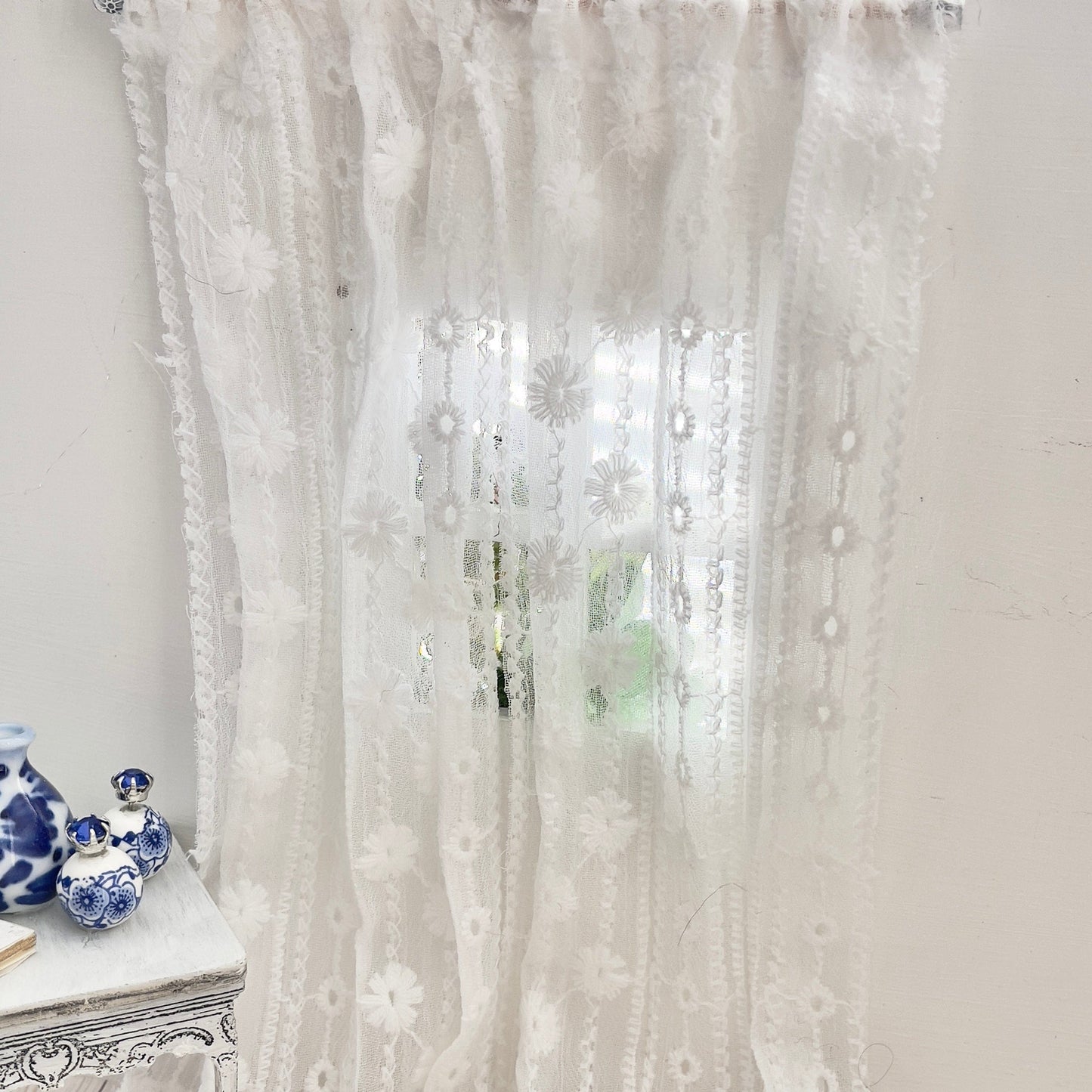 Chantallena Doll House Dollhouse Accessories CURTAINS- White Lace Embroidered 2 Panel Cotton Curtains | White Embroidered Lace | Soft Furnishings