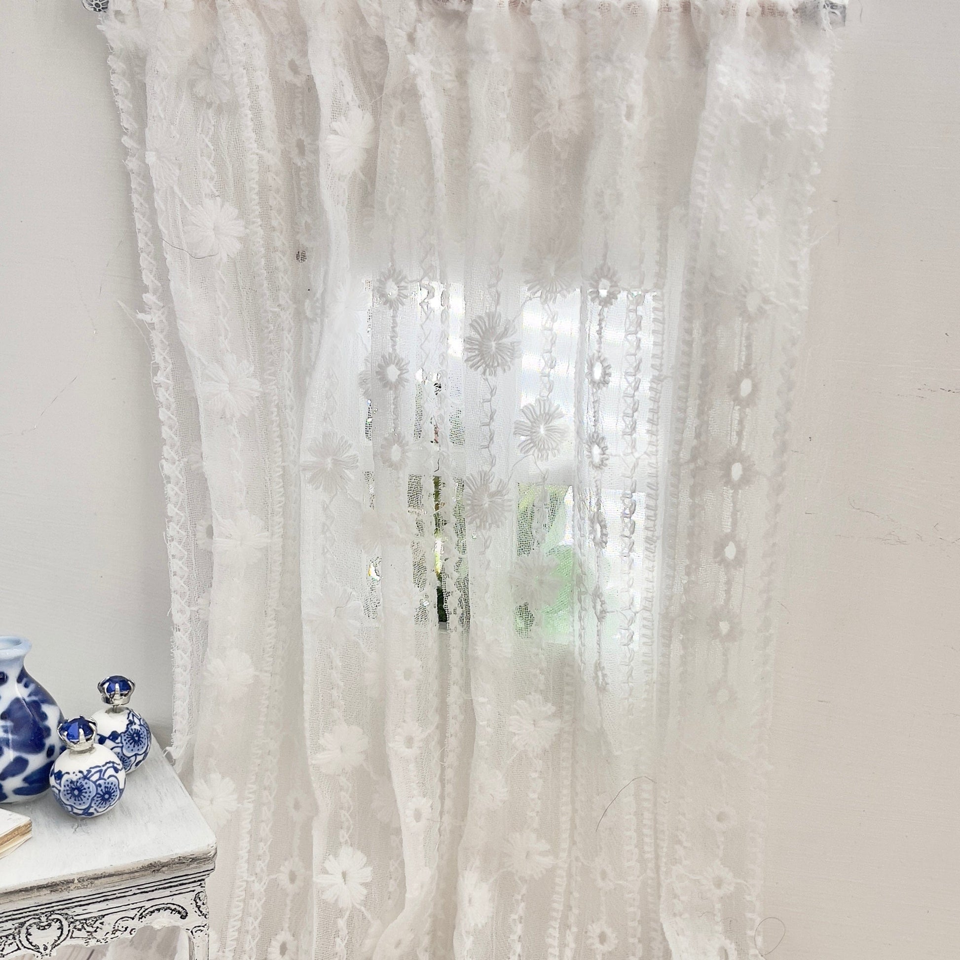 Chantallena Doll House Dollhouse Accessories CURTAINS- White Lace Embroidered 2 Panel Cotton Curtains | White Embroidered Lace | Soft Furnishings