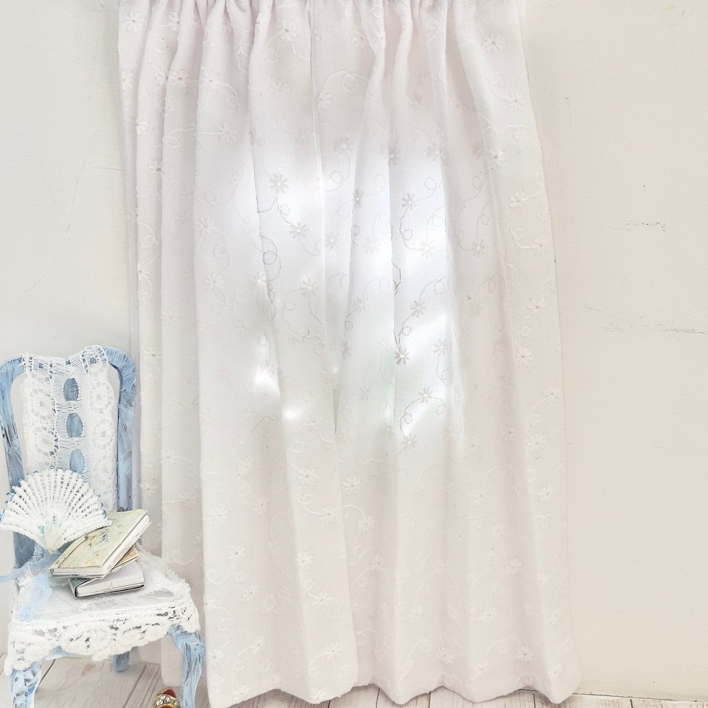 Chantallena Doll House Dollhouse Accessories CURTAINS - White Petite Eyelet 2 Panel Cotton Curtains | White Petite Eyelet | Soft Furnishings