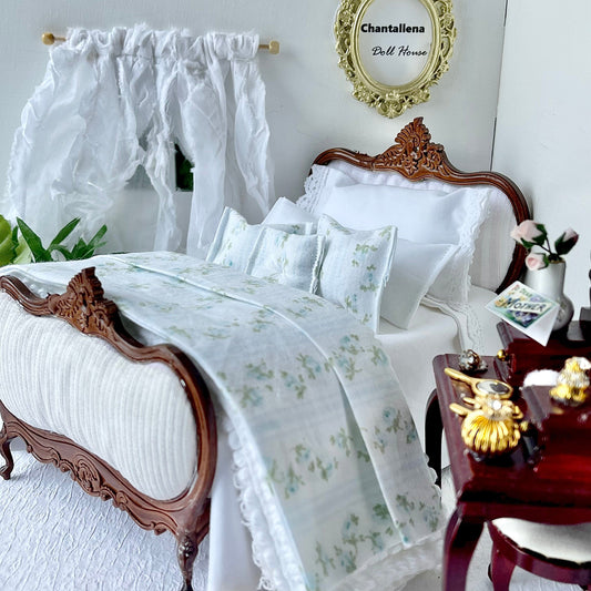 Chantallena Doll House double Shabby Cottage -Eight Piece Shabby White Cotton Bed Set with Blue Roses Trellis