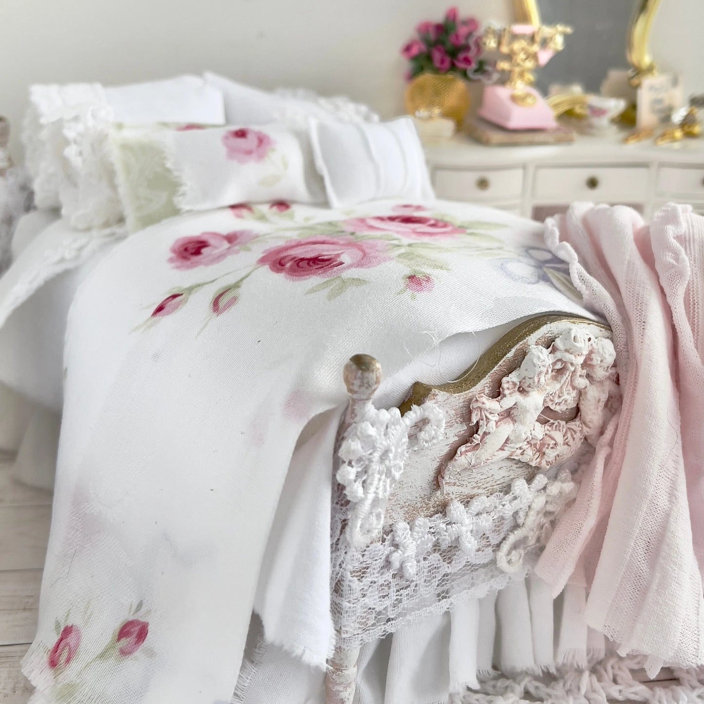 Chantallena Doll House Dressed Bed | Fifteen Piece White Cotton with Grand Pink Roses, Lace Accents, Ruffled Knit Throw | Grand Roses