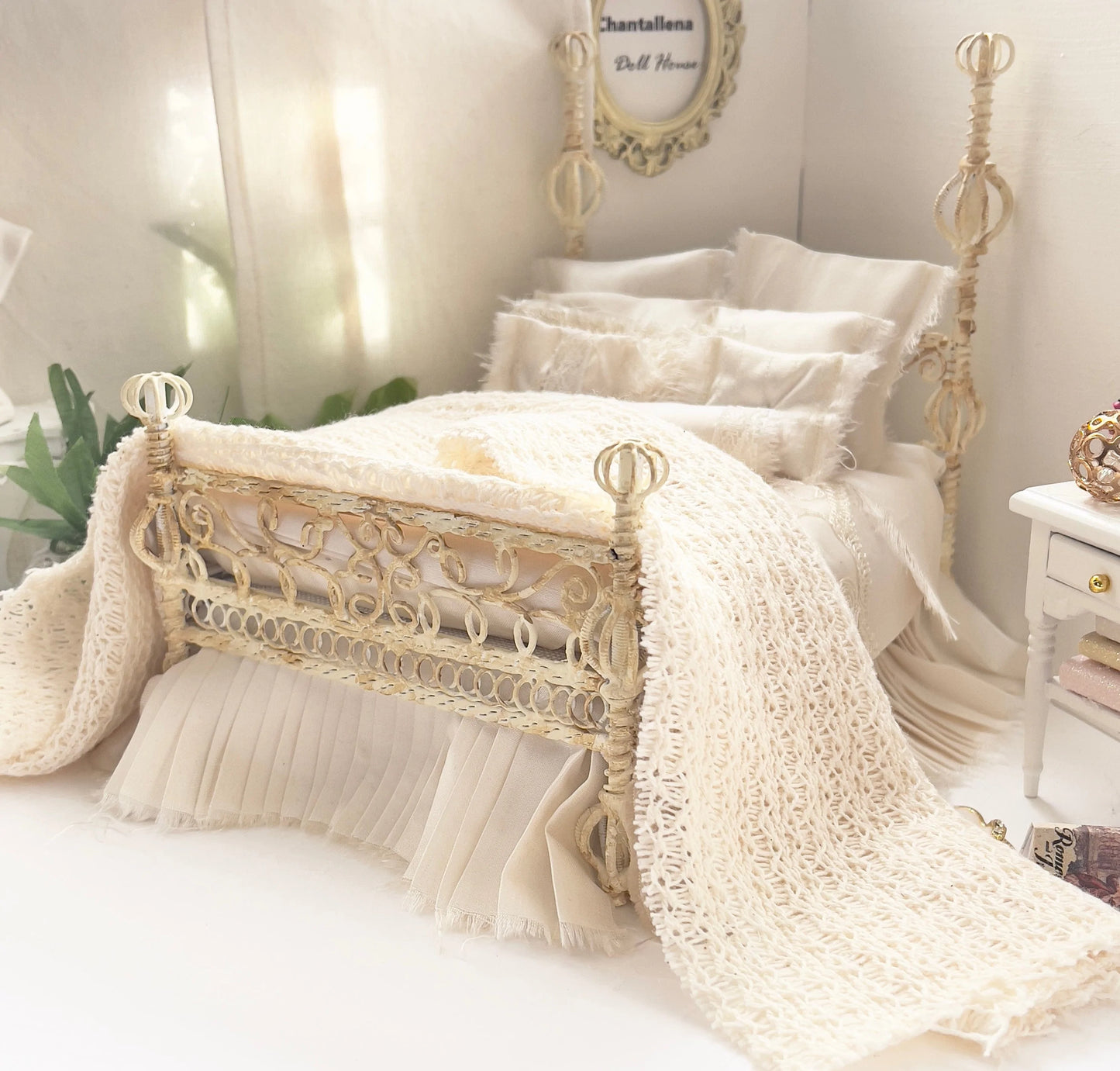 Chantallena Doll House Dressed Bed | Fifteen Piece White Cotton with Grand Pink Roses, Lace Accents, Ruffled Knit Throw | Grand Roses