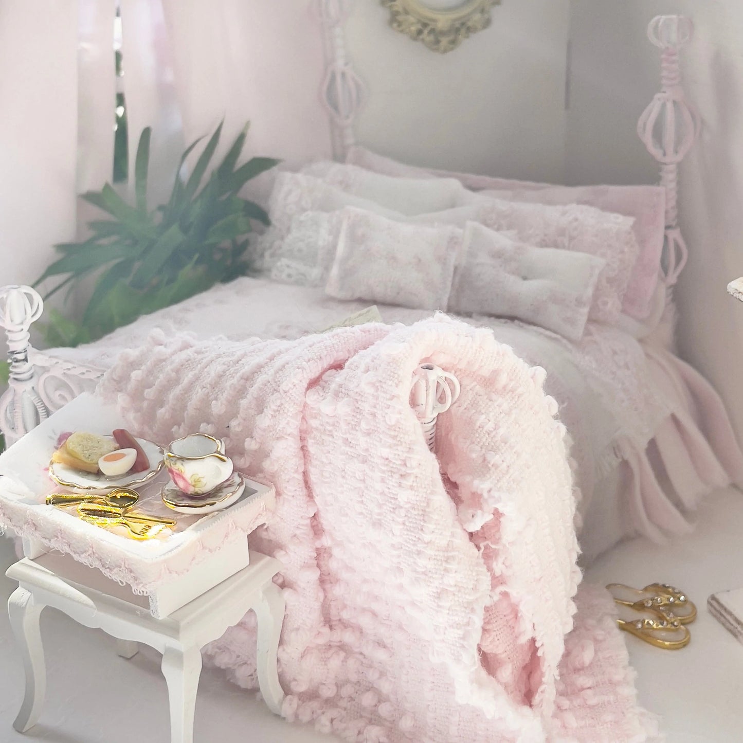 Chantallena Doll House Dressed Bed | Fifteen Piece White Cotton with Grand Pink Roses, Lace Accents, Ruffled Knit Throw | Grand Roses