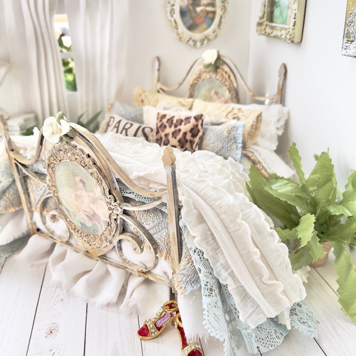 Chantallena Doll House Dressed Bed | Fifteen Piece White Cotton with Grand Pink Roses, Lace Accents, Ruffled Knit Throw | Grand Roses