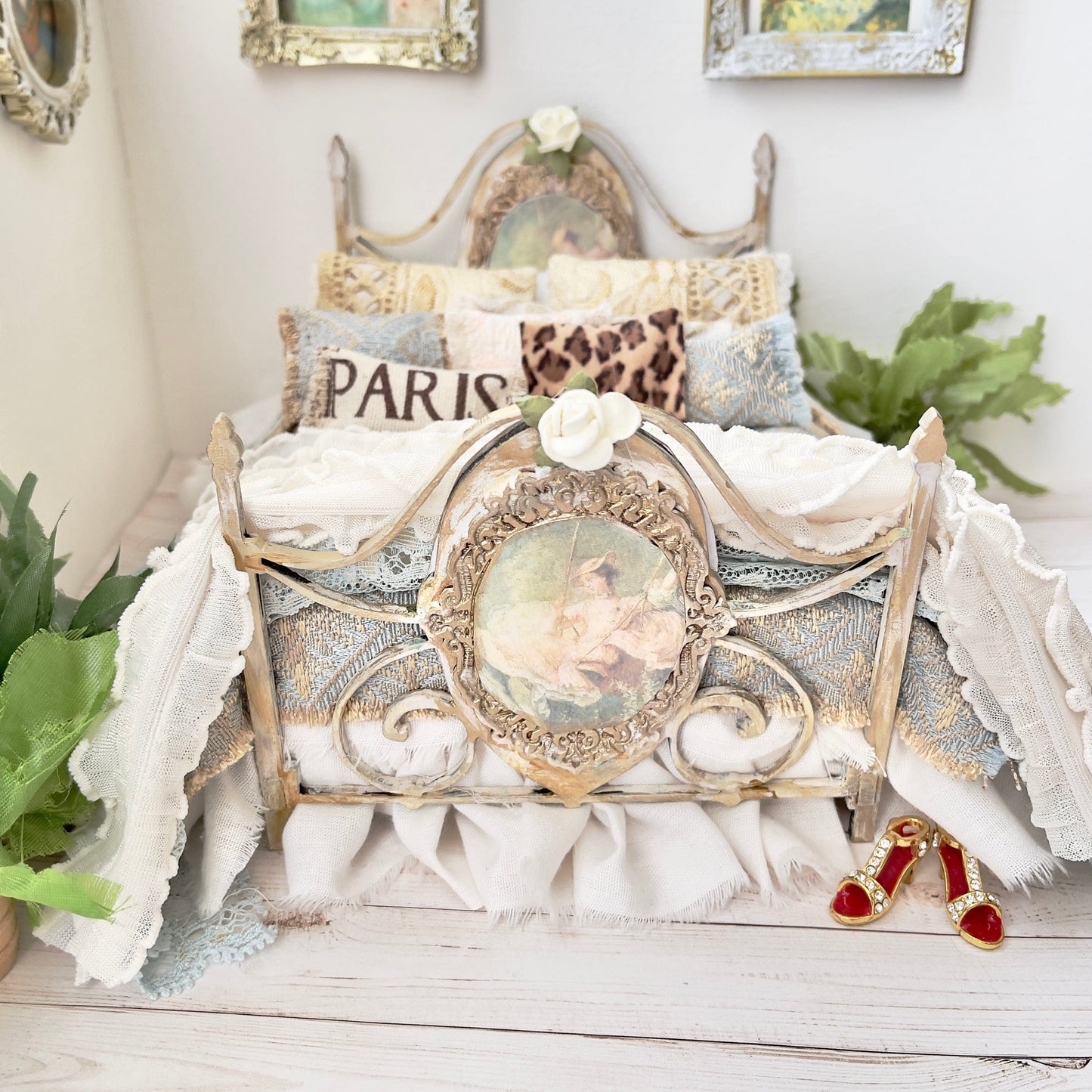 Chantallena Doll House Dressed Bed | Fifteen Piece White Cotton with Grand Pink Roses, Lace Accents, Ruffled Knit Throw | Grand Roses