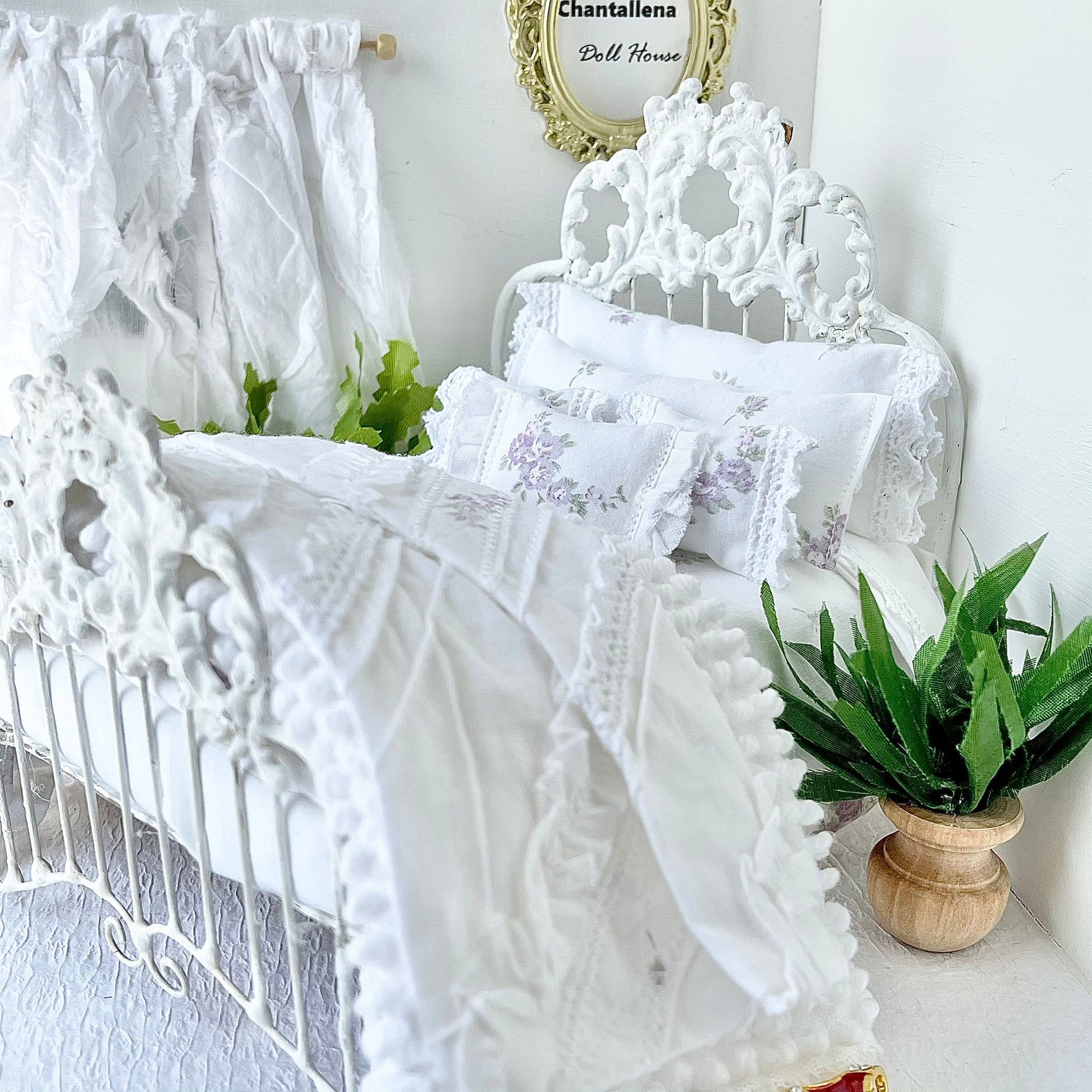 Chantallena Doll House Shabby Cottage - Eight Piece Lavender & Lilac Floral Cotton Bedding Set