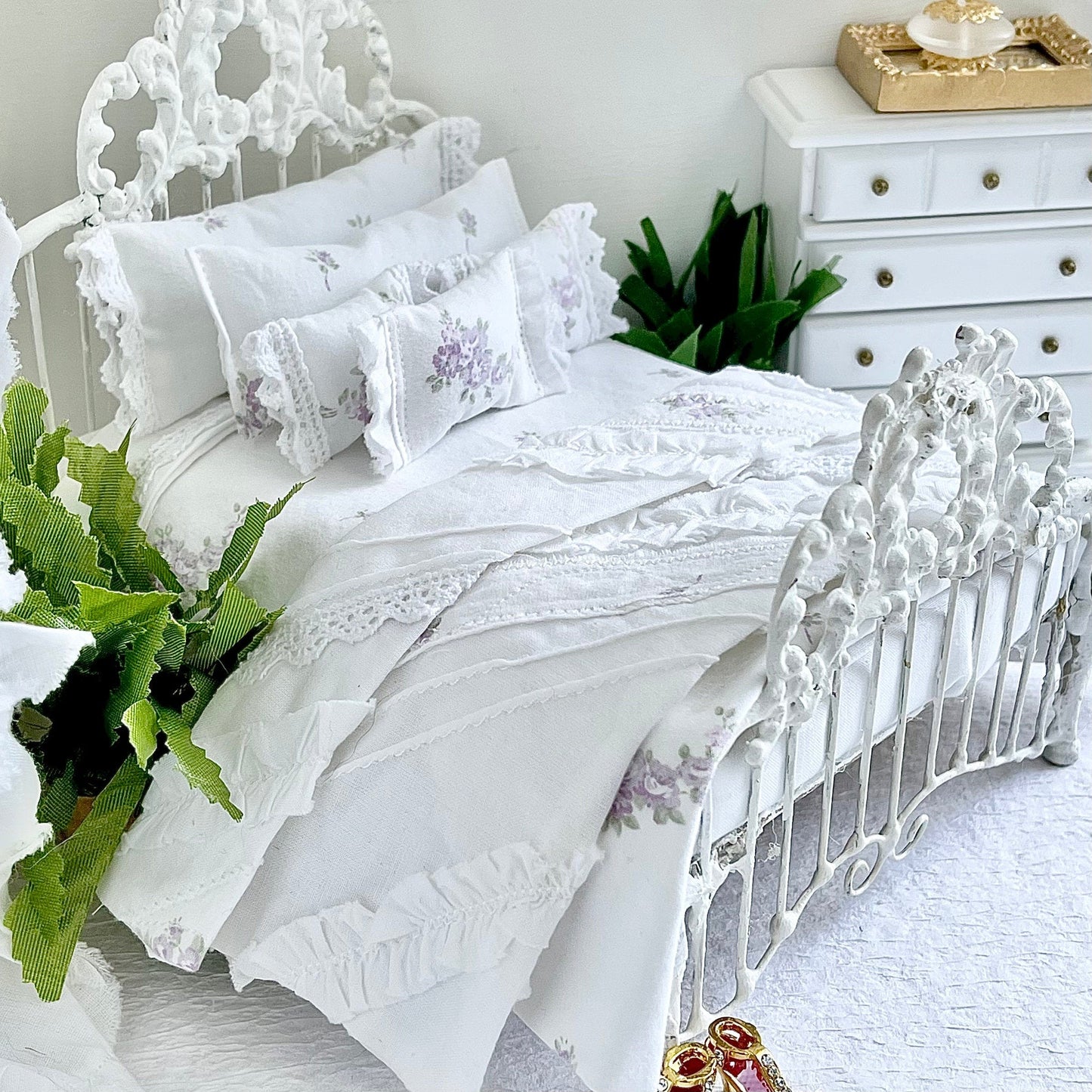 Chantallena Doll House Shabby Cottage - Eight Piece Lavender & Lilac Floral Cotton Bedding Set