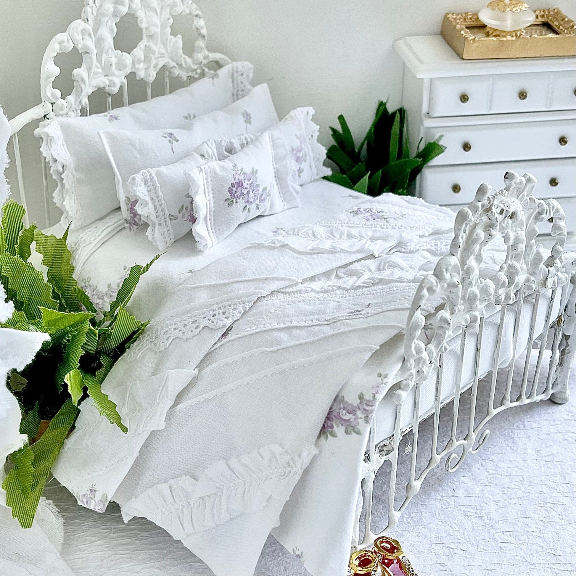 Chantallena Doll House Shabby Cottage - Eight Piece Lavender & Lilac Floral Cotton Bedding Set