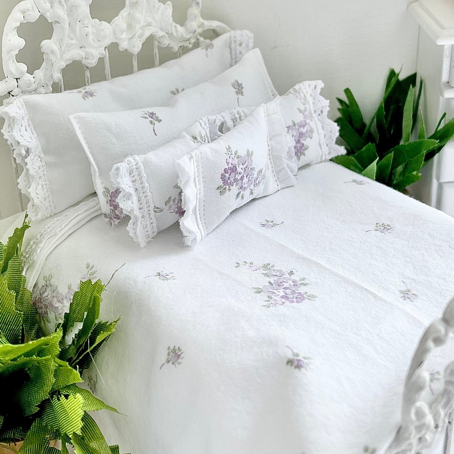 Chantallena Doll House Shabby Cottage - Eight Piece Lavender & Lilac Floral Cotton Bedding Set