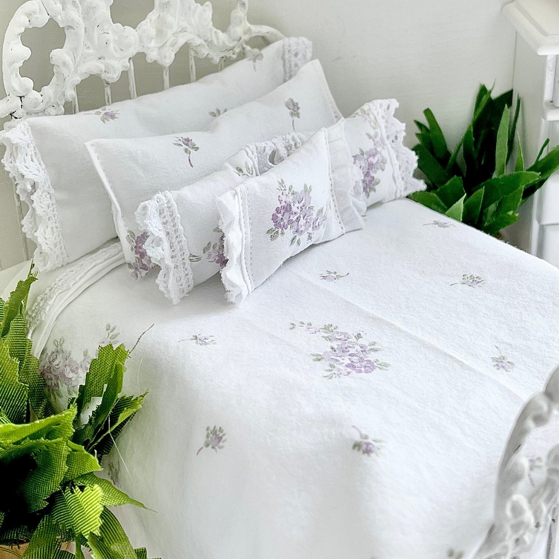Chantallena Doll House Shabby Cottage - Eight Piece Lavender & Lilac Floral Cotton Bedding Set